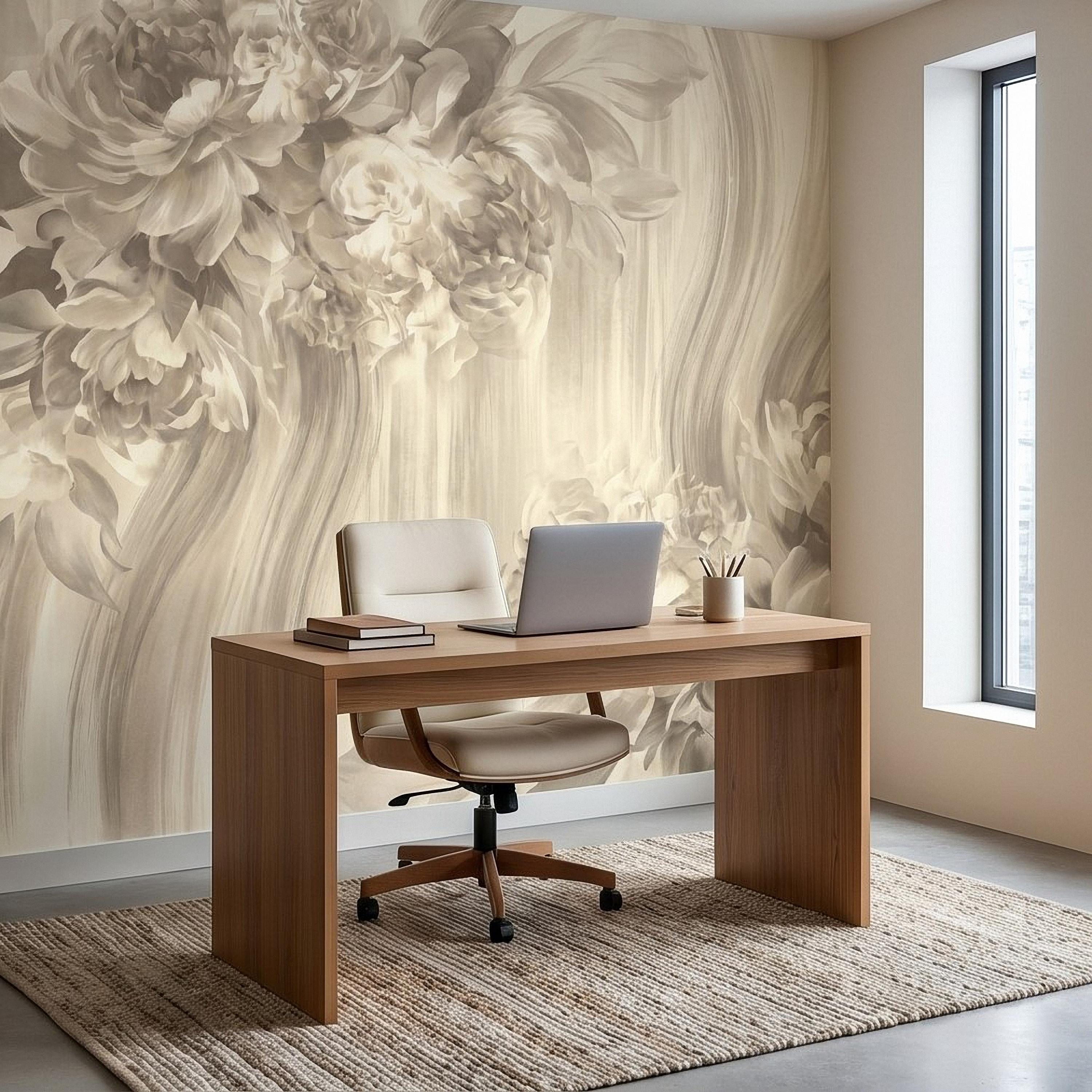 Luxury Neutral Peony Peel and Stick Wall Mural, Classic Beige Floral Painting, Elegant Vintage Wallpaper