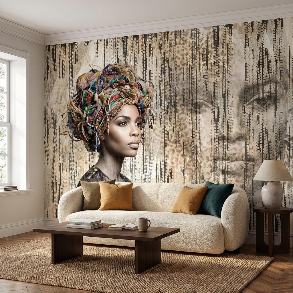 African Woman Peel and Stick Wall Mural, Tribal Portrait with Colorful Headwrap, Modern Ethnic Art Wallpaper
