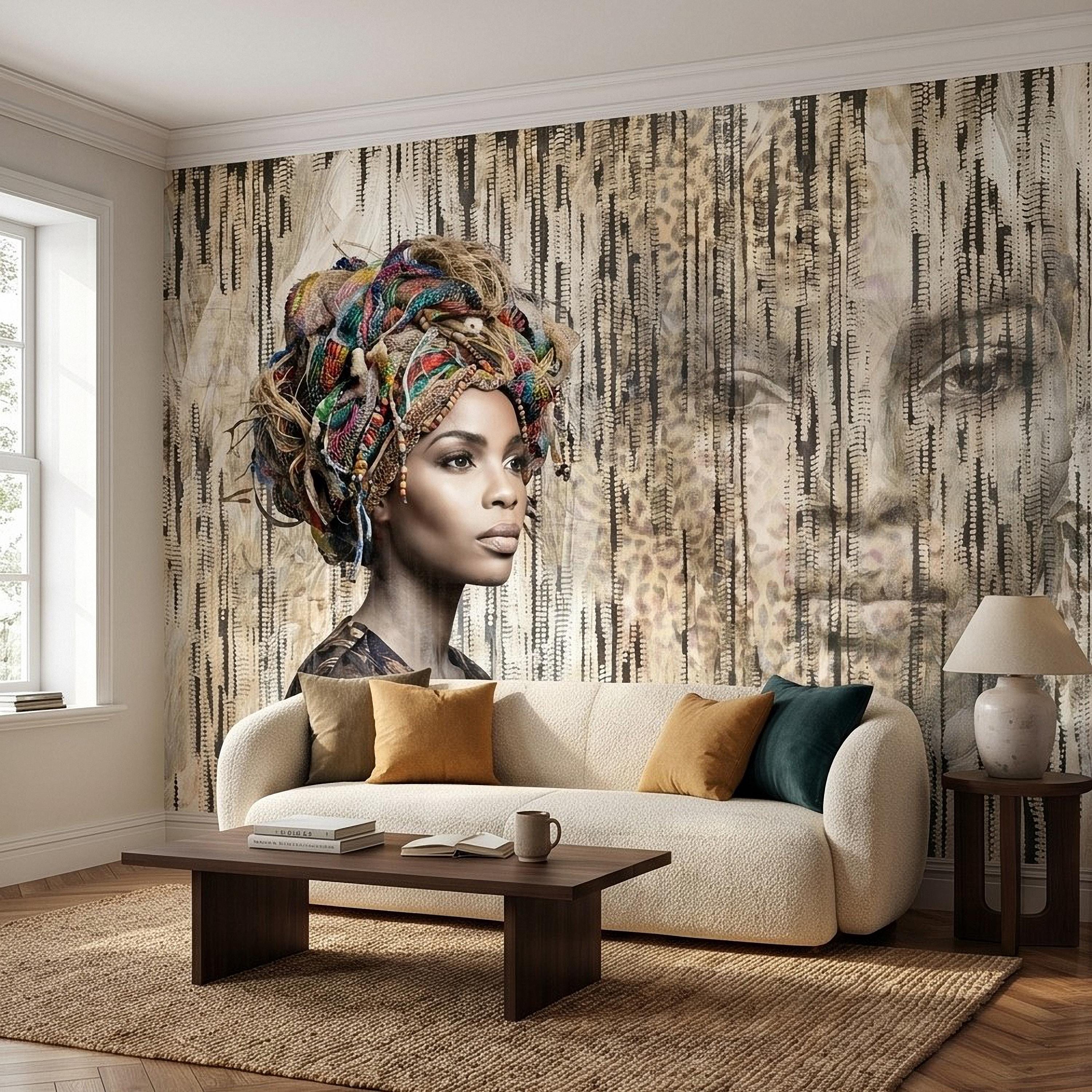 African Woman Peel and Stick Wall Mural, Tribal Portrait with Colorful Headwrap, Modern Ethnic Art Wallpaper
