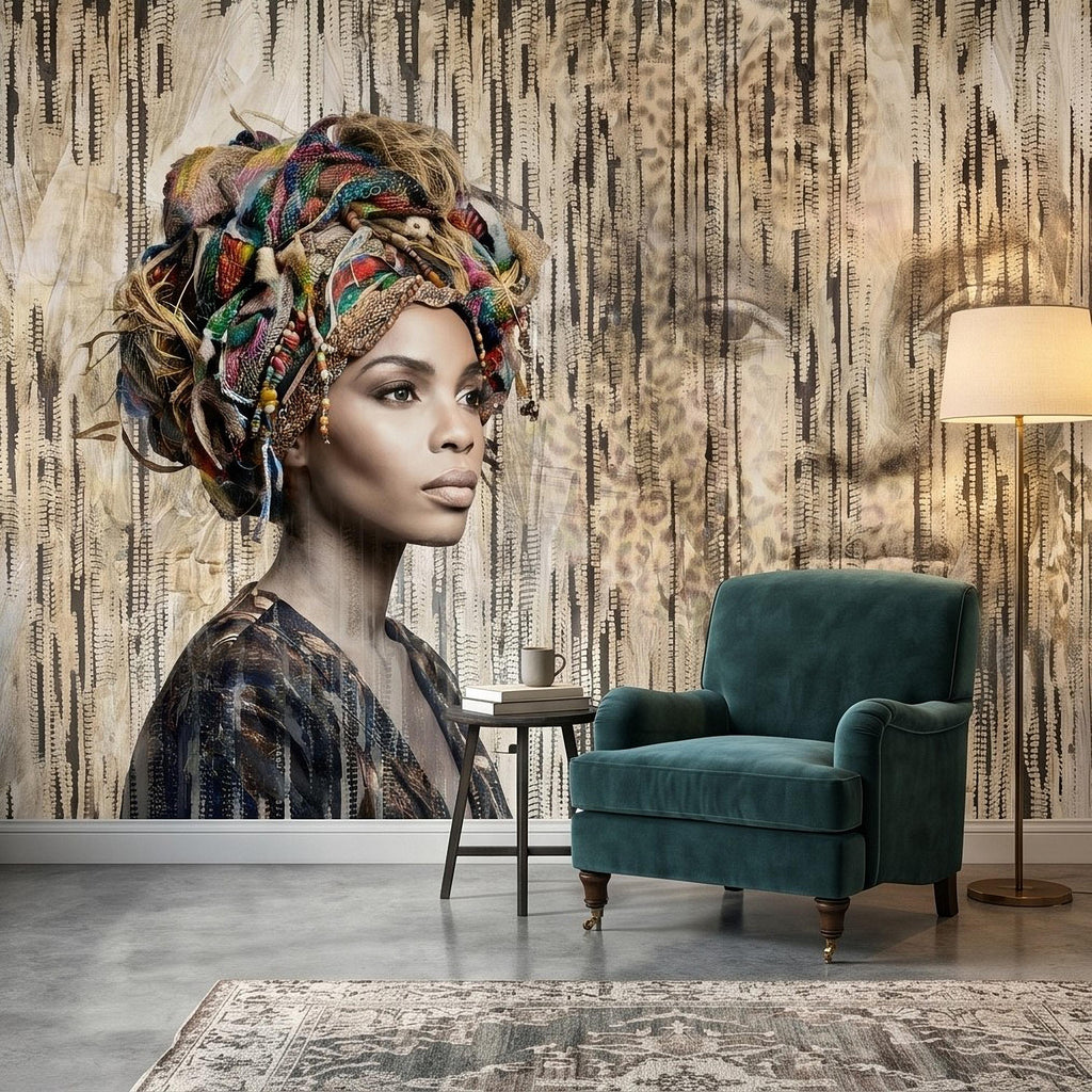 African Woman Peel and Stick Wall Mural, Tribal Portrait with Colorful Headwrap, Modern Ethnic Art Wallpaper