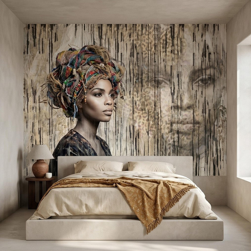 African Woman Peel and Stick Wall Mural, Tribal Portrait with Colorful Headwrap, Modern Ethnic Art Wallpaper