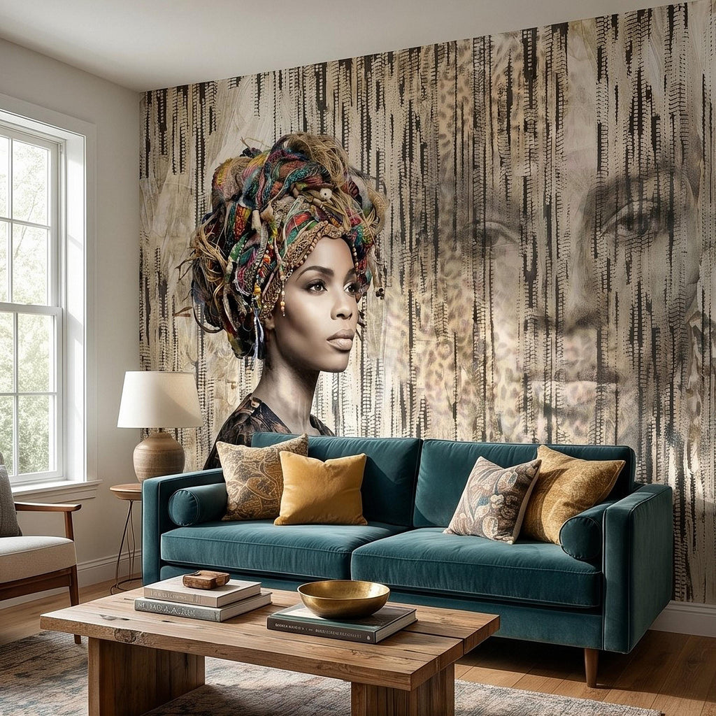 African Woman Peel and Stick Wall Mural, Tribal Portrait with Colorful Headwrap, Modern Ethnic Art Wallpaper