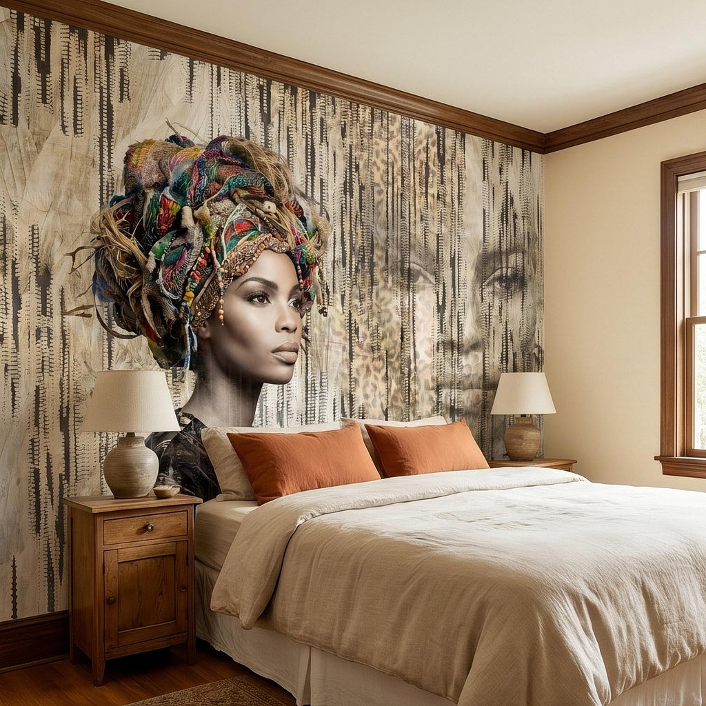African Woman Peel and Stick Wall Mural, Tribal Portrait with Colorful Headwrap, Modern Ethnic Art Wallpaper