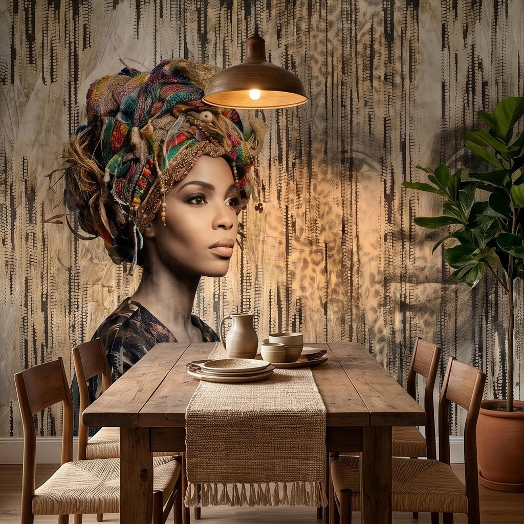 African Woman Peel and Stick Wall Mural, Tribal Portrait with Colorful Headwrap, Modern Ethnic Art Wallpaper