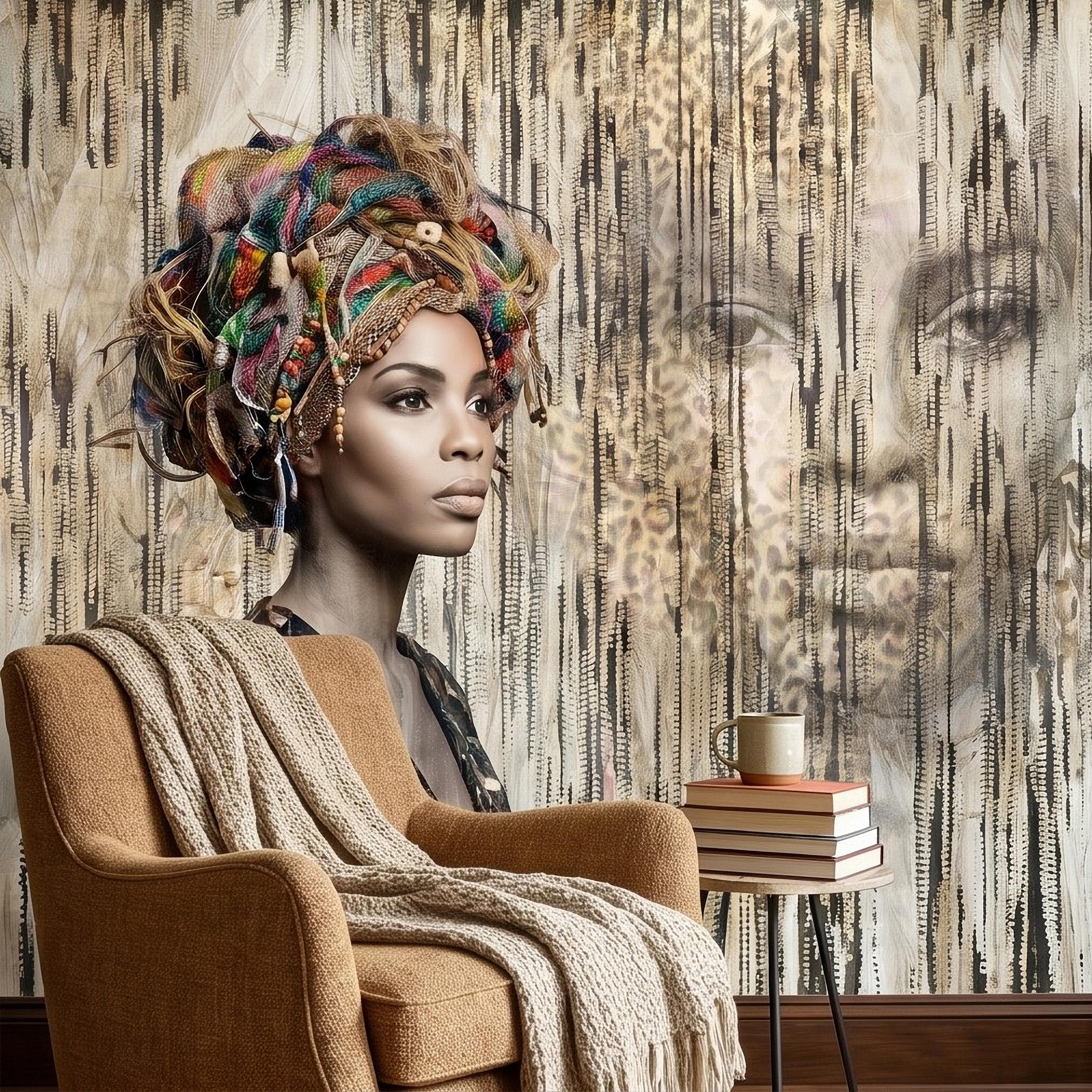 African Woman Peel and Stick Wall Mural, Tribal Portrait with Colorful Headwrap, Modern Ethnic Art Wallpaper