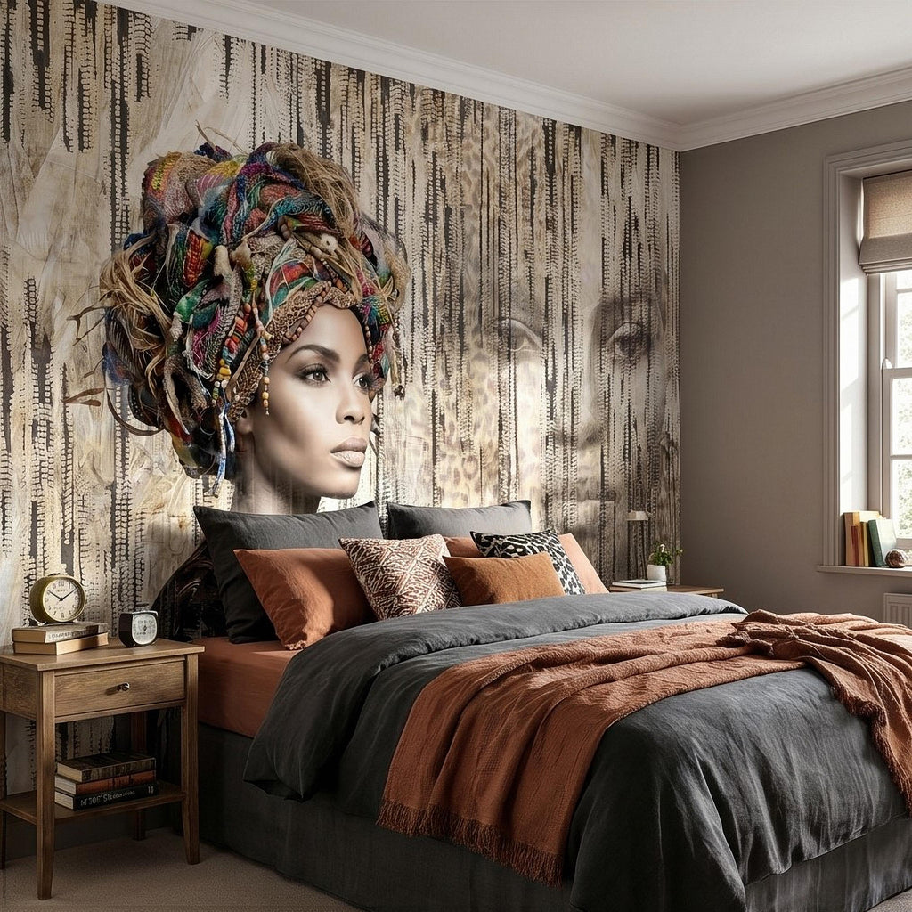 African Woman Peel and Stick Wall Mural, Tribal Portrait with Colorful Headwrap, Modern Ethnic Art Wallpaper
