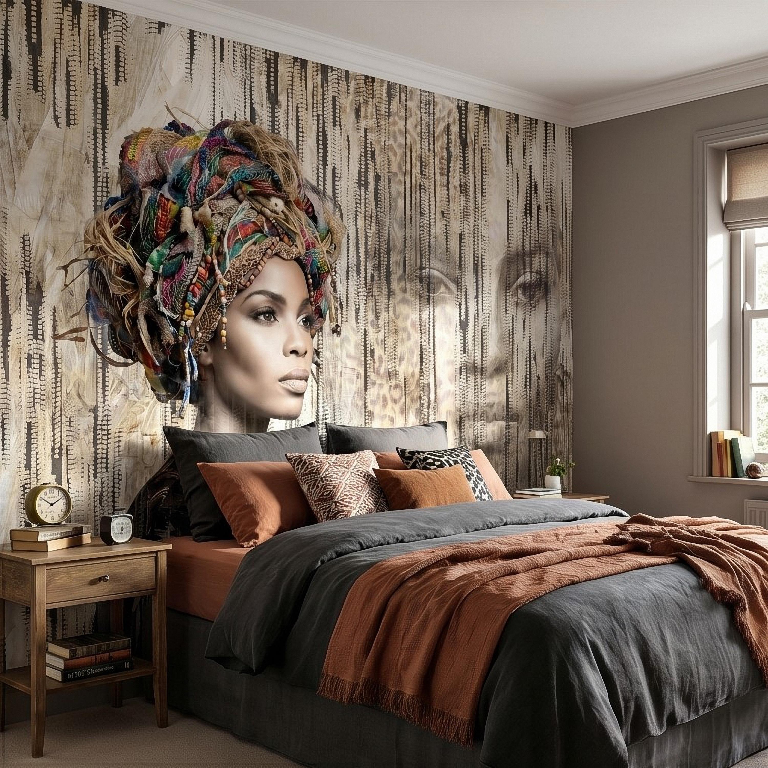 African Woman Peel and Stick Wall Mural, Tribal Portrait with Colorful Headwrap, Modern Ethnic Art Wallpaper