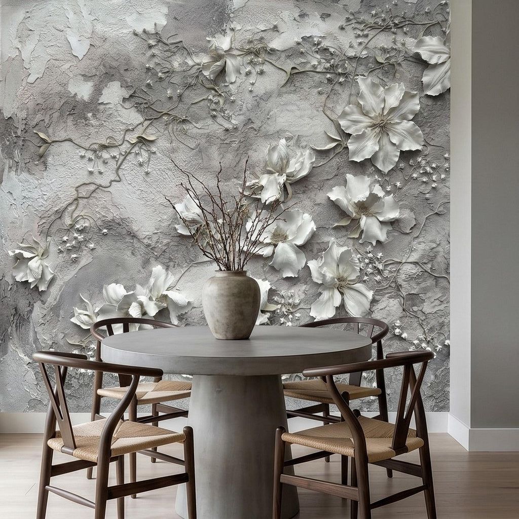 White Floral Botanical Peel & Stick Wall Mural, Textured Vines Gray Plaster Style, Luxury Embossed Neutral Modern Wallpaper