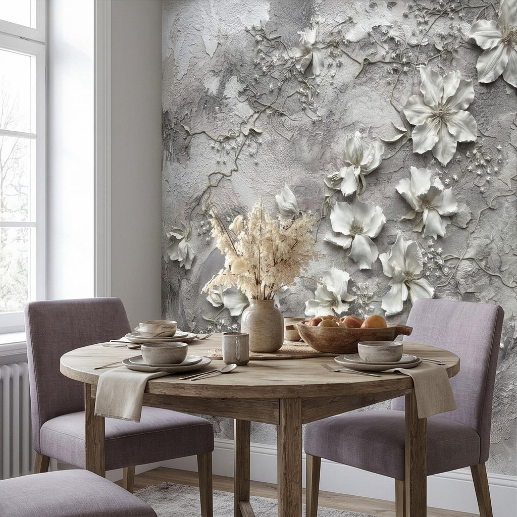 White Floral Botanical Peel & Stick Wall Mural, Textured Vines Gray Plaster Style, Luxury Embossed Neutral Modern Wallpaper
