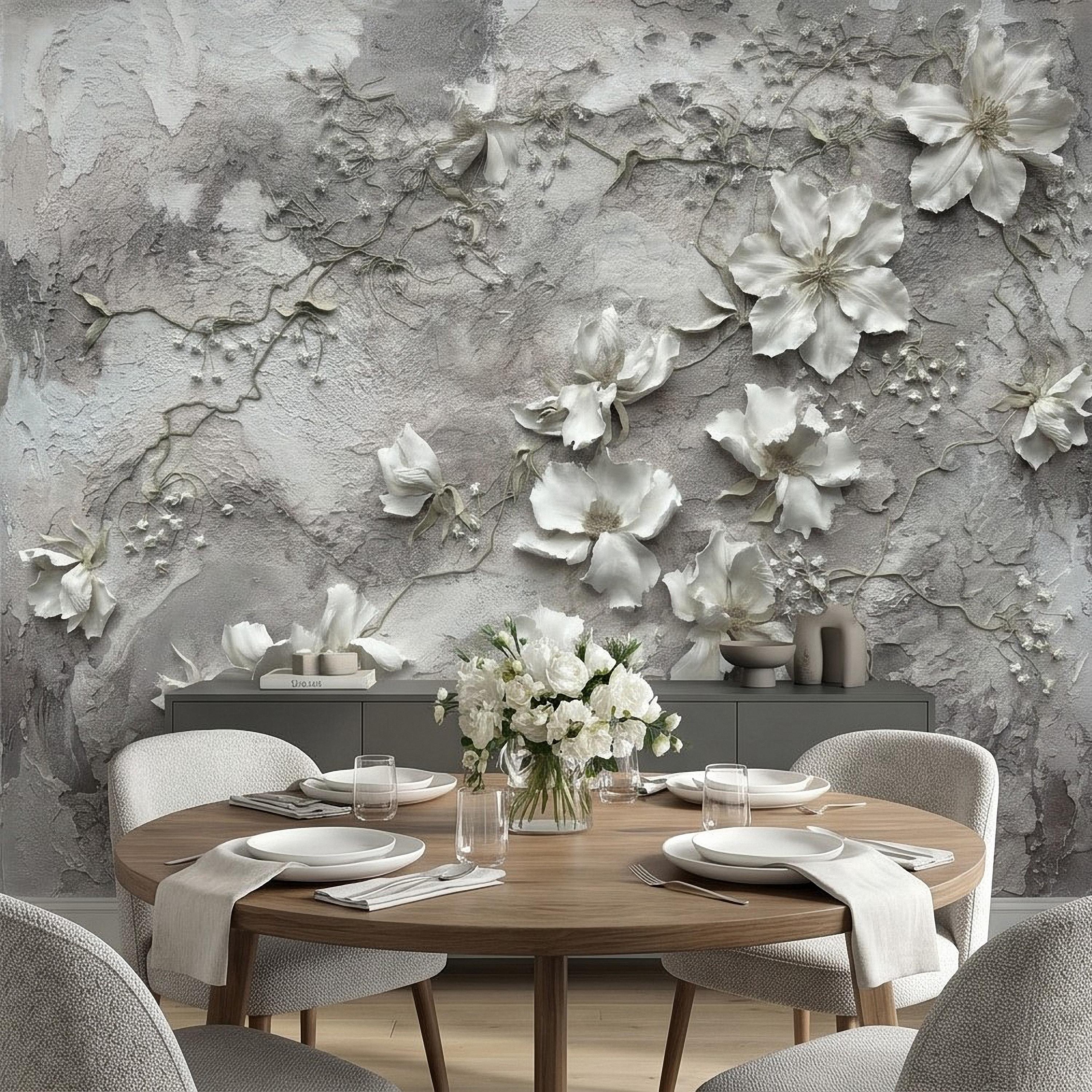 White Floral Botanical Peel & Stick Wall Mural, Textured Vines Gray Plaster Style, Luxury Embossed Neutral Modern Wallpaper