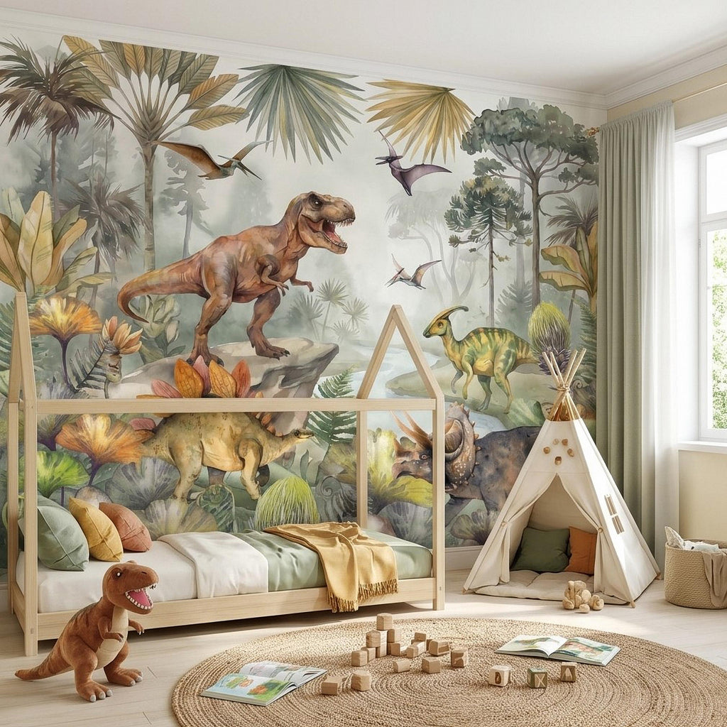 Dinosaur Peel and Stick Wall Mural, Watercolor Jurassic Jungle with T Rex and Triceratops, Kids Room Nursery Wallpaper