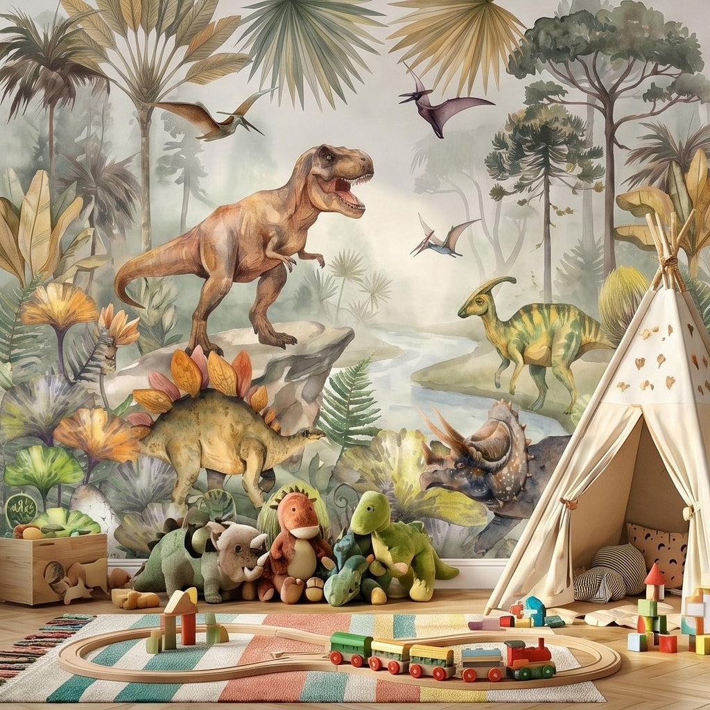 Dinosaur Peel and Stick Wall Mural, Watercolor Jurassic Jungle with T Rex and Triceratops, Kids Room Nursery Wallpaper
