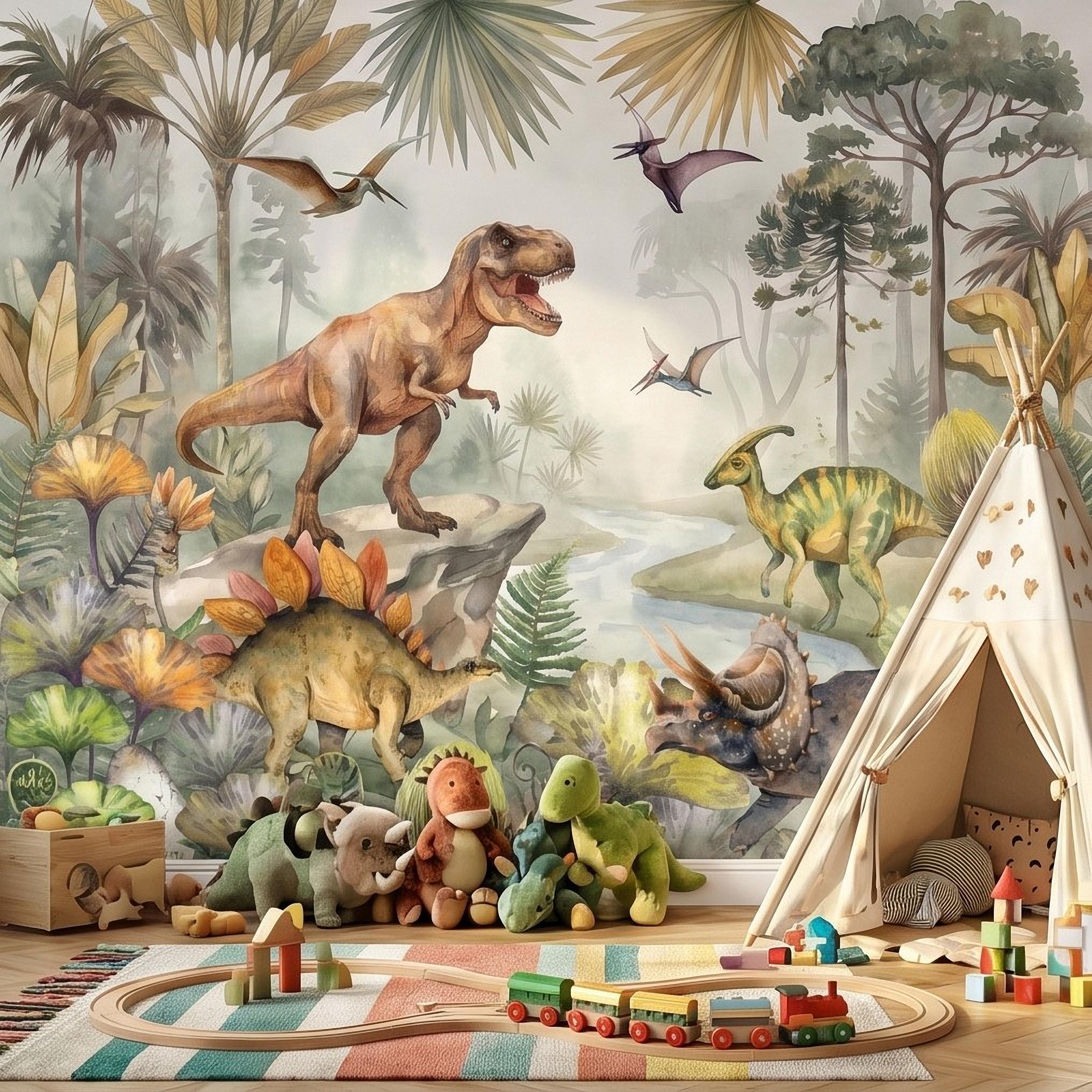 Dinosaur Peel and Stick Wall Mural, Watercolor Jurassic Jungle with T Rex and Triceratops, Kids Room Nursery Wallpaper