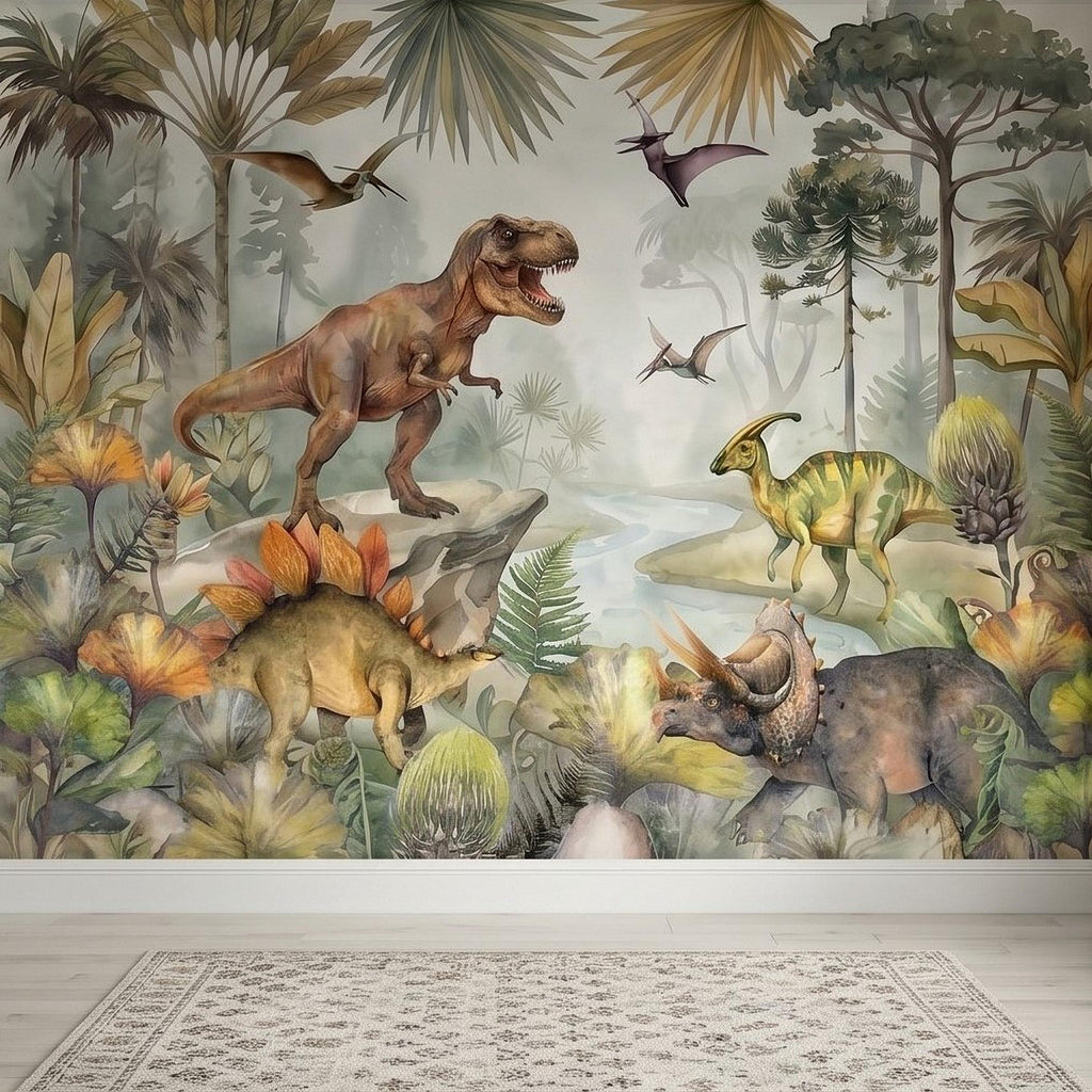 Dinosaur Peel and Stick Wall Mural, Watercolor Jurassic Jungle with T Rex and Triceratops, Kids Room Nursery Wallpaper