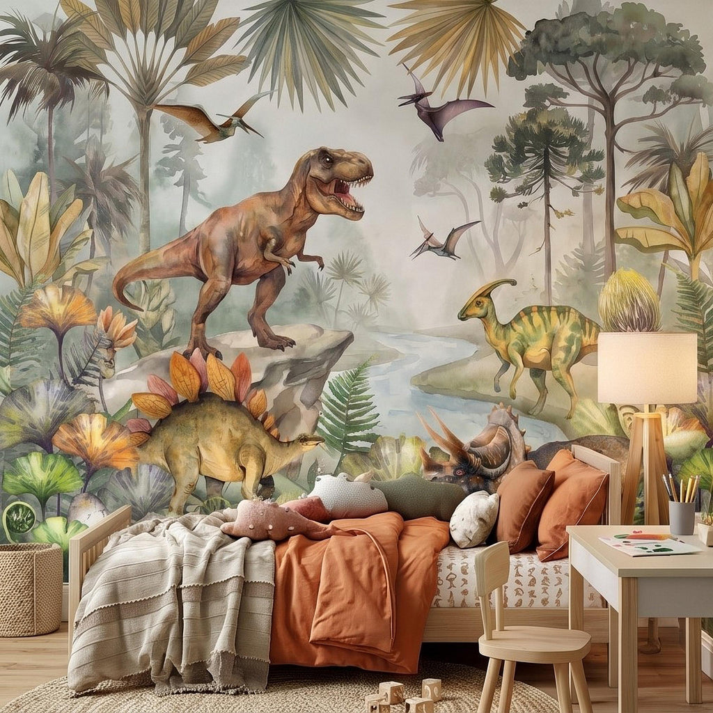 Dinosaur Peel and Stick Wall Mural, Watercolor Jurassic Jungle with T Rex and Triceratops, Kids Room Nursery Wallpaper