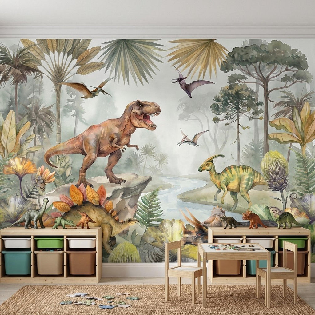 Dinosaur Peel and Stick Wall Mural, Watercolor Jurassic Jungle with T Rex and Triceratops, Kids Room Nursery Wallpaper