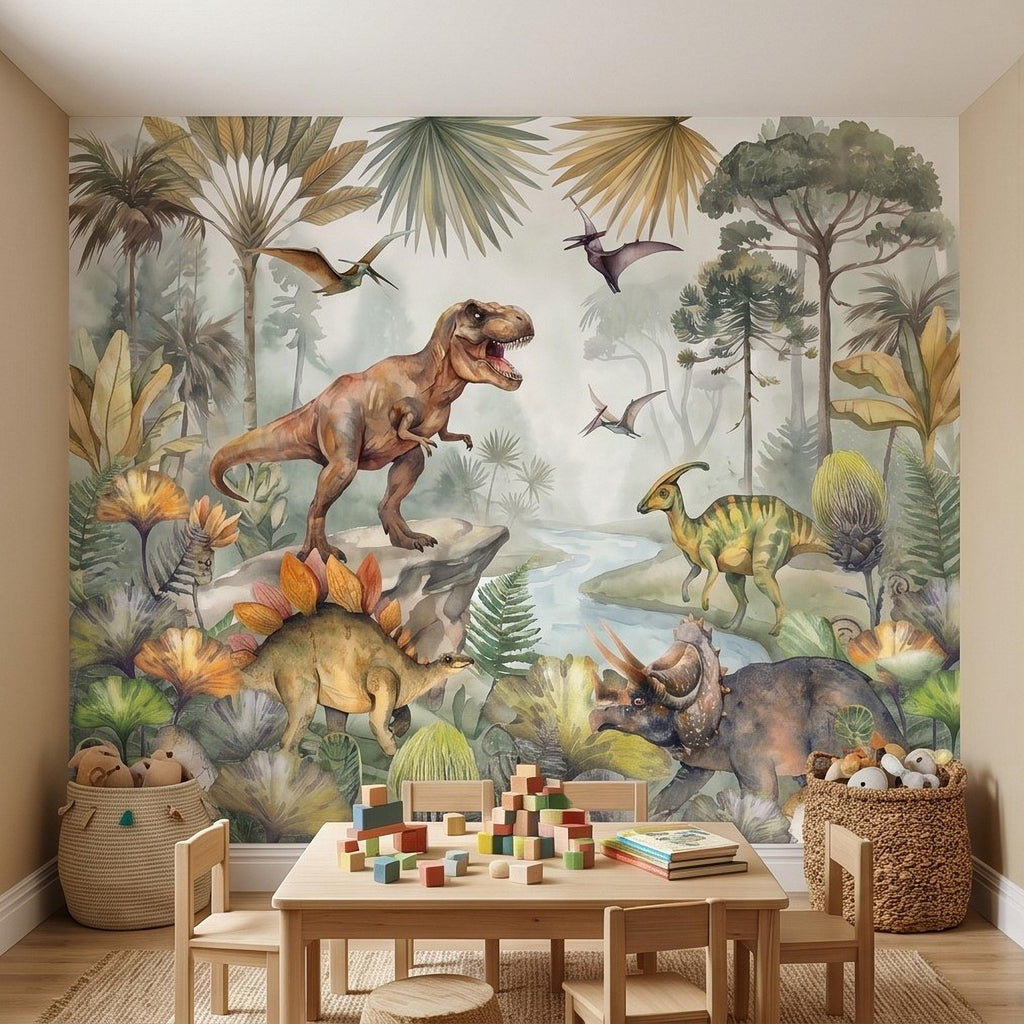 Dinosaur Peel and Stick Wall Mural, Watercolor Jurassic Jungle with T Rex and Triceratops, Kids Room Nursery Wallpaper