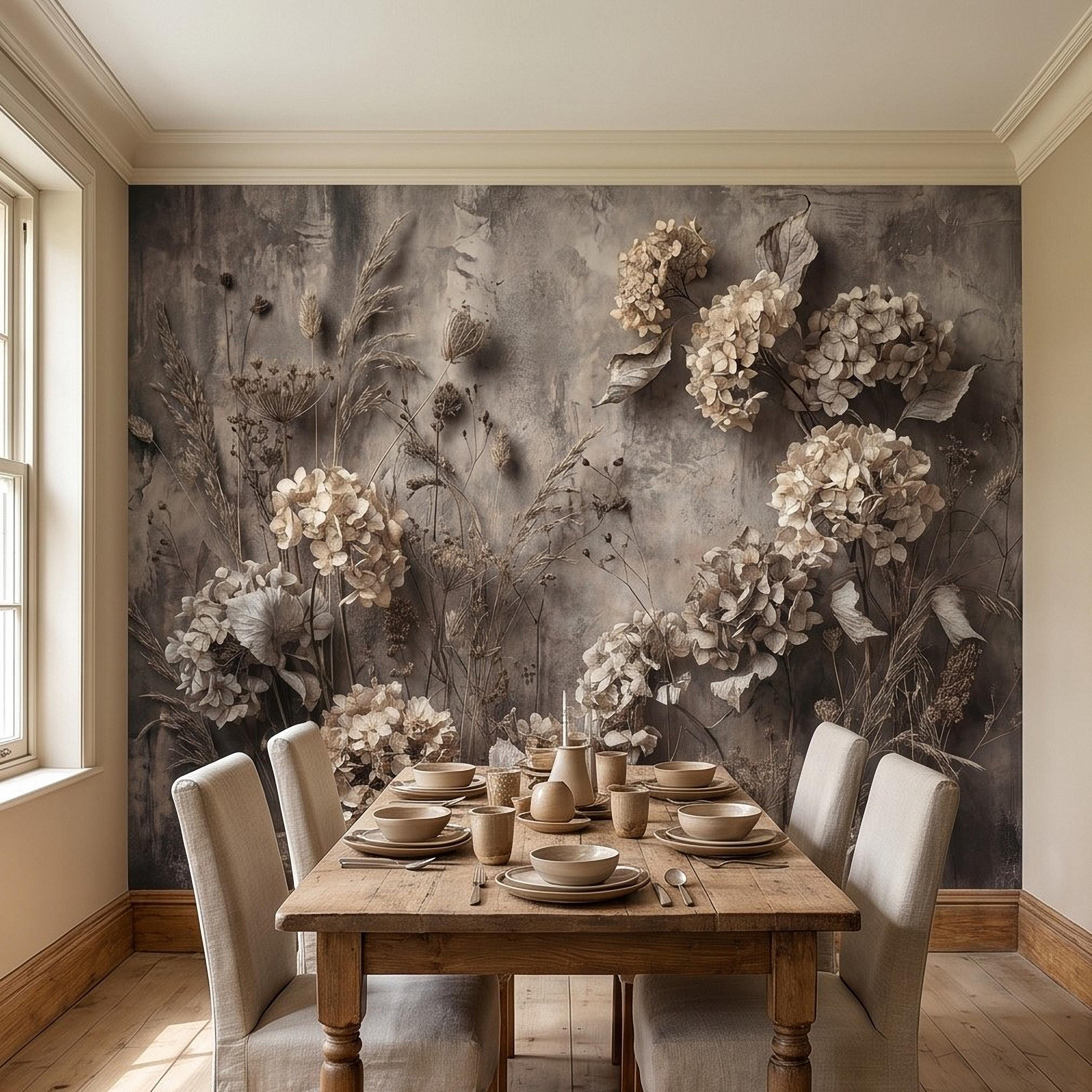 Rustic Hydrangea Botanical Peel & Stick Wall Mural, Flat Concrete Plaster Texture, 3D Visual Effect Dried Flowers Floral Wallpaper