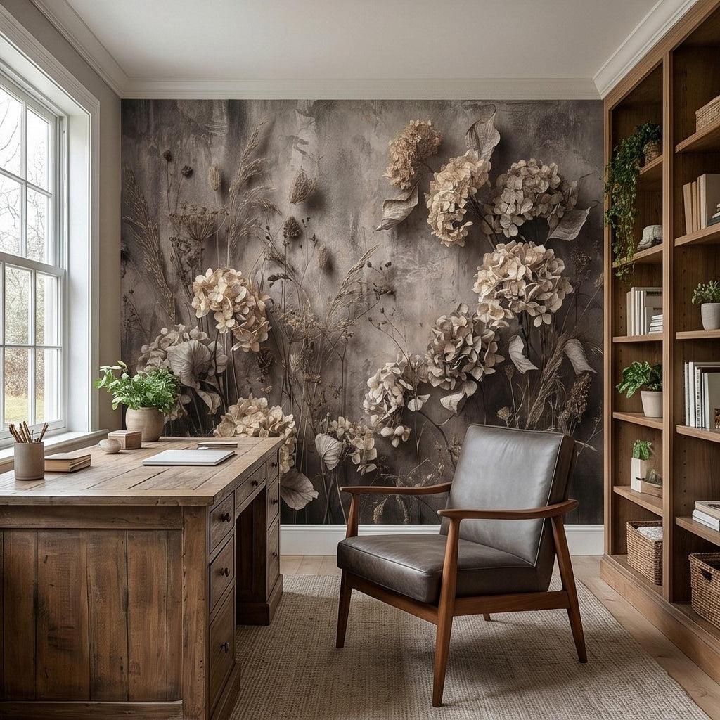Rustic Hydrangea Botanical Peel & Stick Wall Mural, Flat Concrete Plaster Texture, 3D Visual Effect Dried Flowers Floral Wallpaper