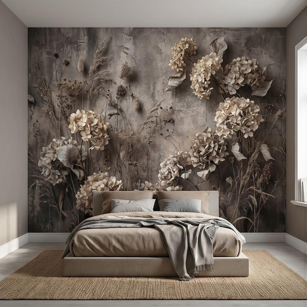 Rustic Hydrangea Botanical Peel & Stick Wall Mural, Flat Concrete Plaster Texture, 3D Visual Effect Dried Flowers Floral Wallpaper