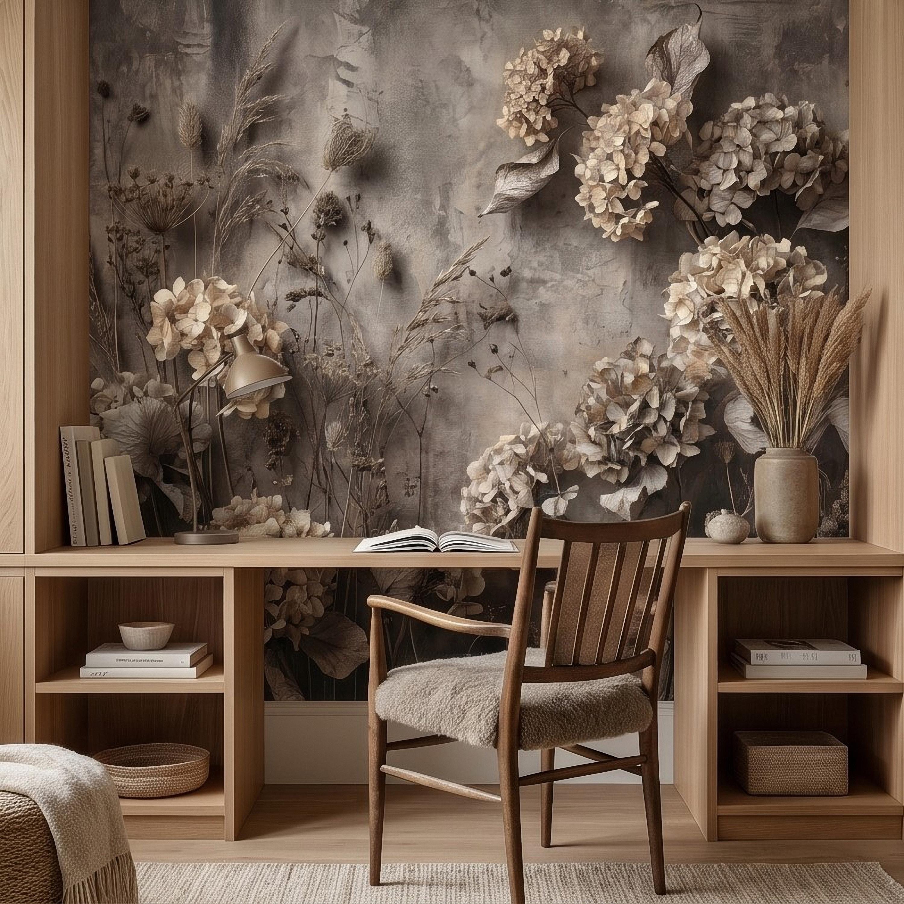 Rustic Hydrangea Botanical Peel & Stick Wall Mural, Flat Concrete Plaster Texture, 3D Visual Effect Dried Flowers Floral Wallpaper