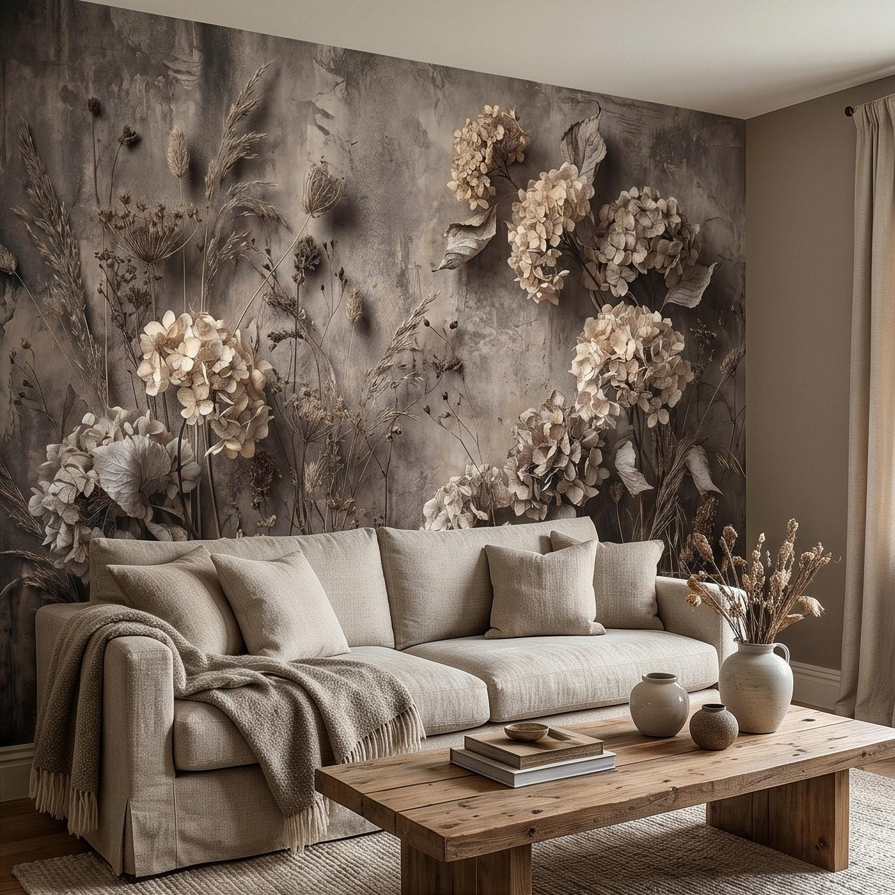 Rustic Hydrangea Botanical Peel & Stick Wall Mural, Flat Concrete Plaster Texture, 3D Visual Effect Dried Flowers Floral Wallpaper