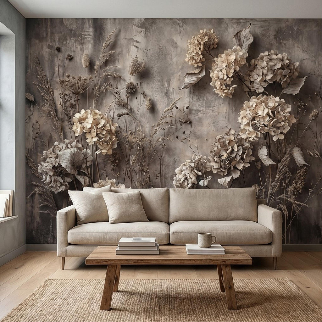 Rustic Hydrangea Botanical Peel & Stick Wall Mural, Flat Concrete Plaster Texture, 3D Visual Effect Dried Flowers Floral Wallpaper