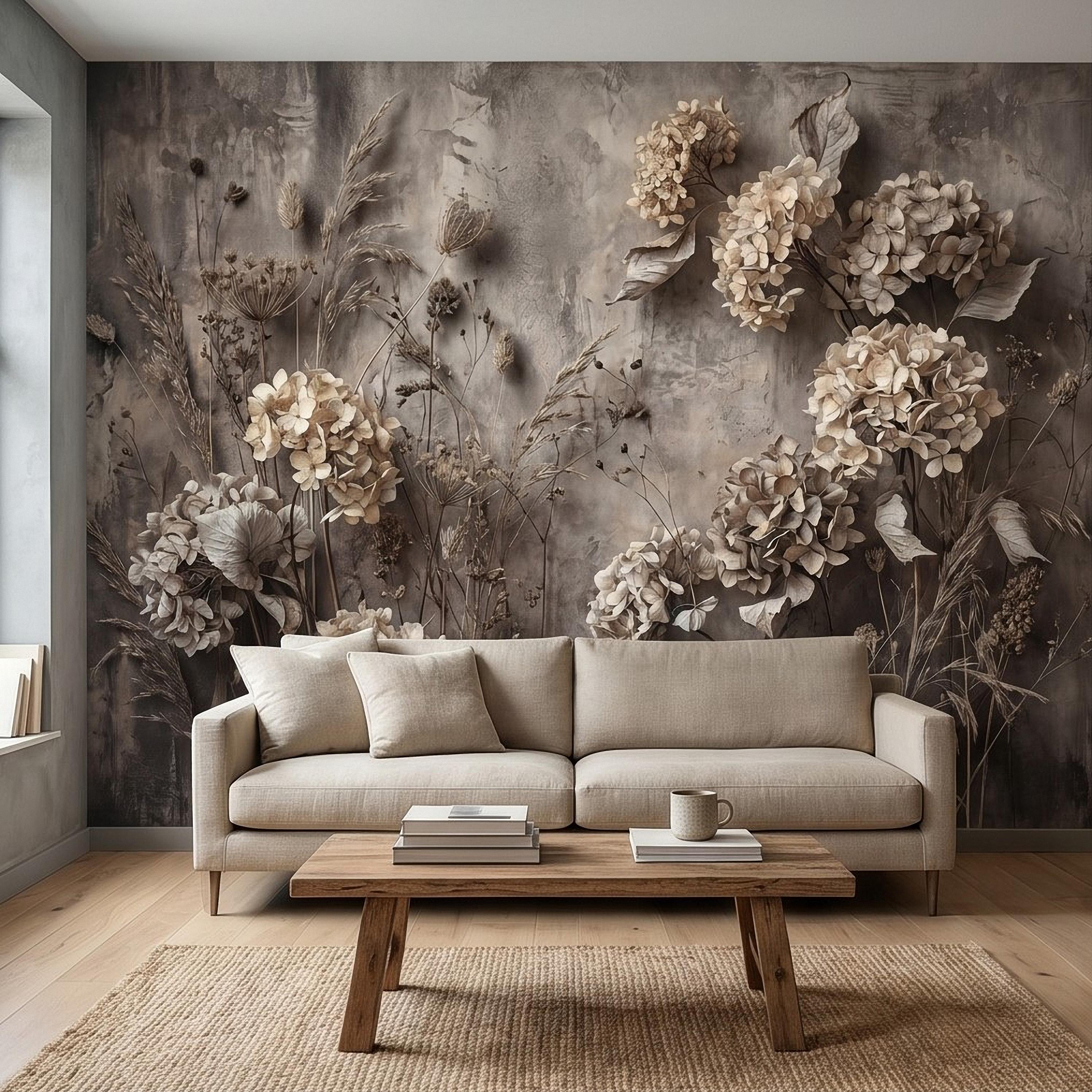 Rustic Hydrangea Botanical Peel & Stick Wall Mural, Flat Concrete Plaster Texture, 3D Visual Effect Dried Flowers Floral Wallpaper