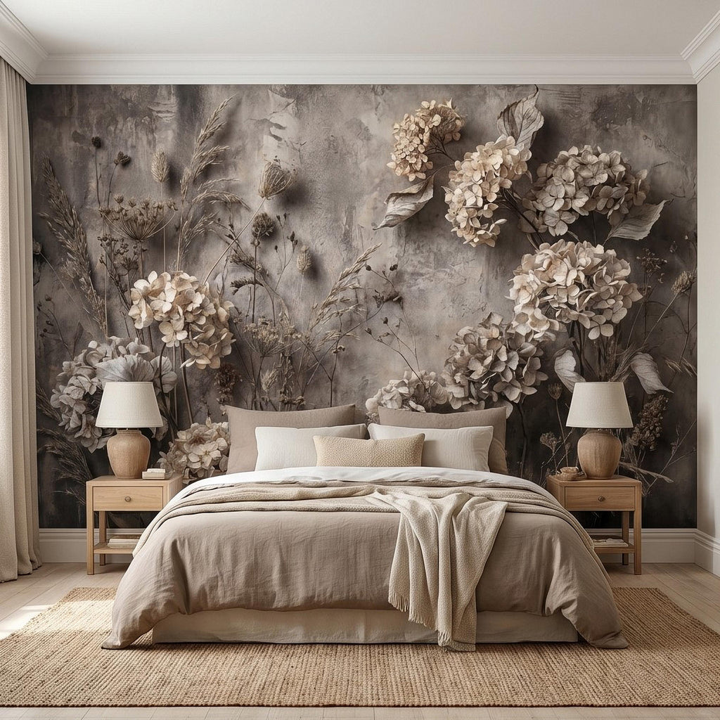 Rustic Hydrangea Botanical Peel & Stick Wall Mural, Flat Concrete Plaster Texture, 3D Visual Effect Dried Flowers Floral Wallpaper