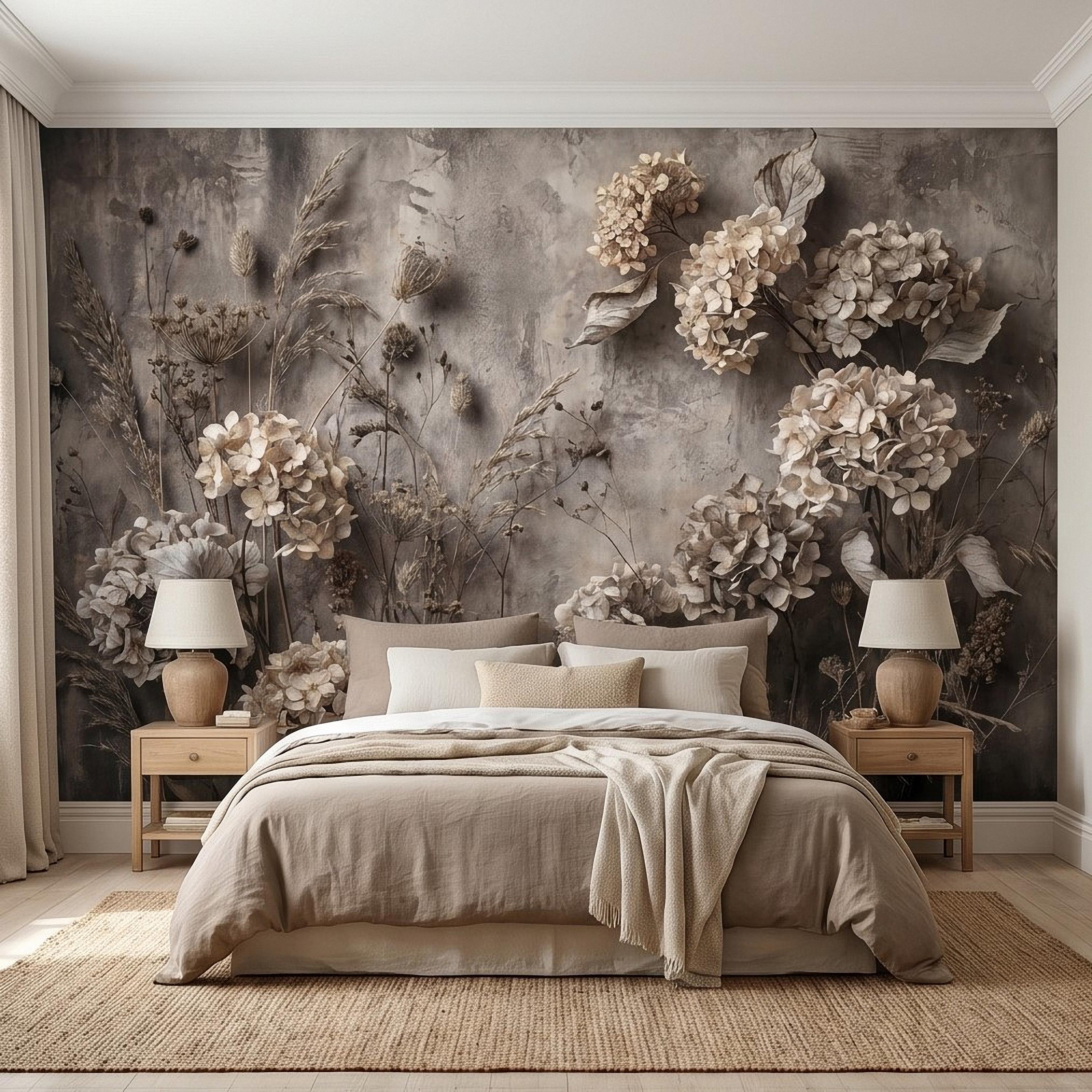 Rustic Hydrangea Botanical Peel & Stick Wall Mural, Flat Concrete Plaster Texture, 3D Visual Effect Dried Flowers Floral Wallpaper