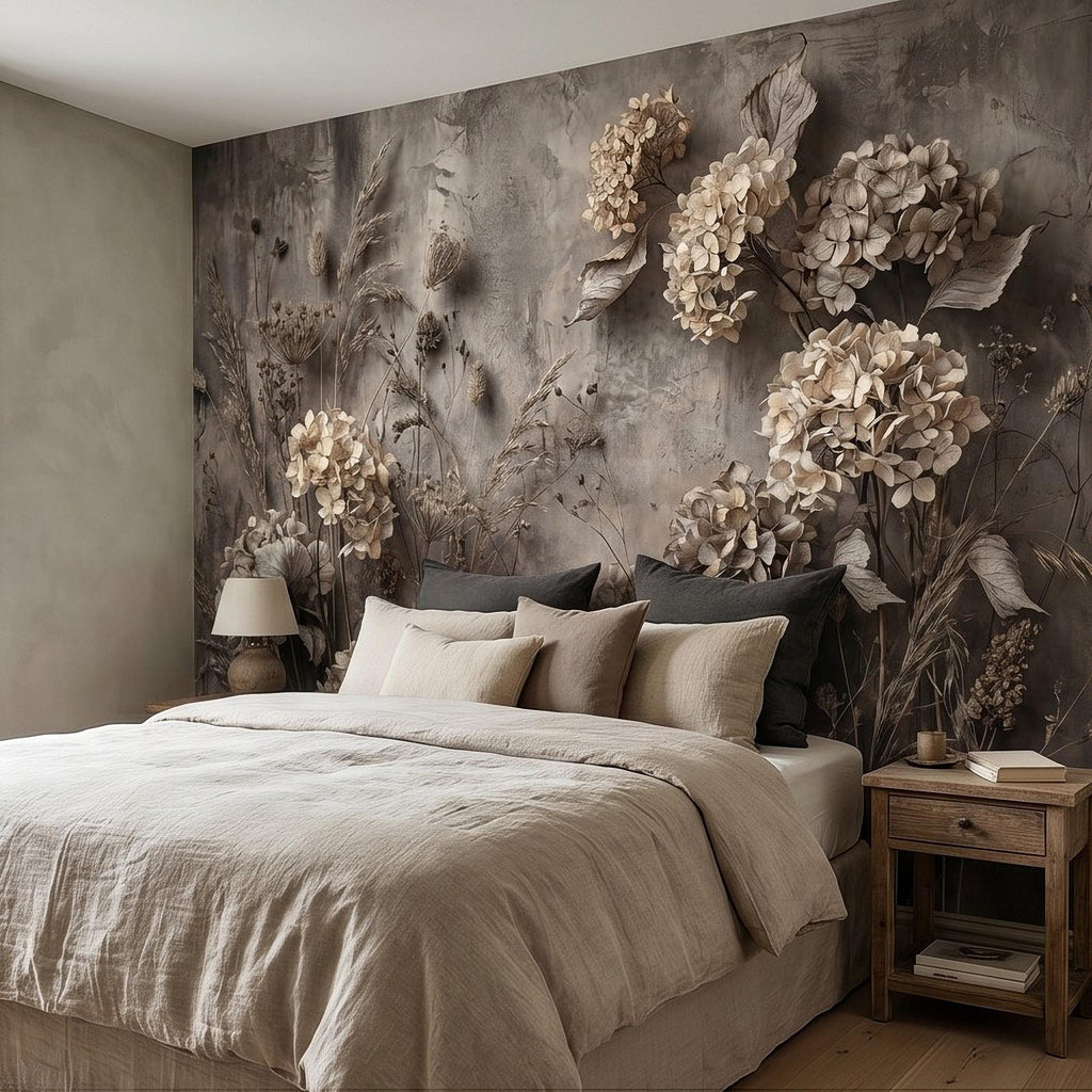 Rustic Hydrangea Botanical Peel & Stick Wall Mural, Flat Concrete Plaster Texture, 3D Visual Effect Dried Flowers Floral Wallpaper