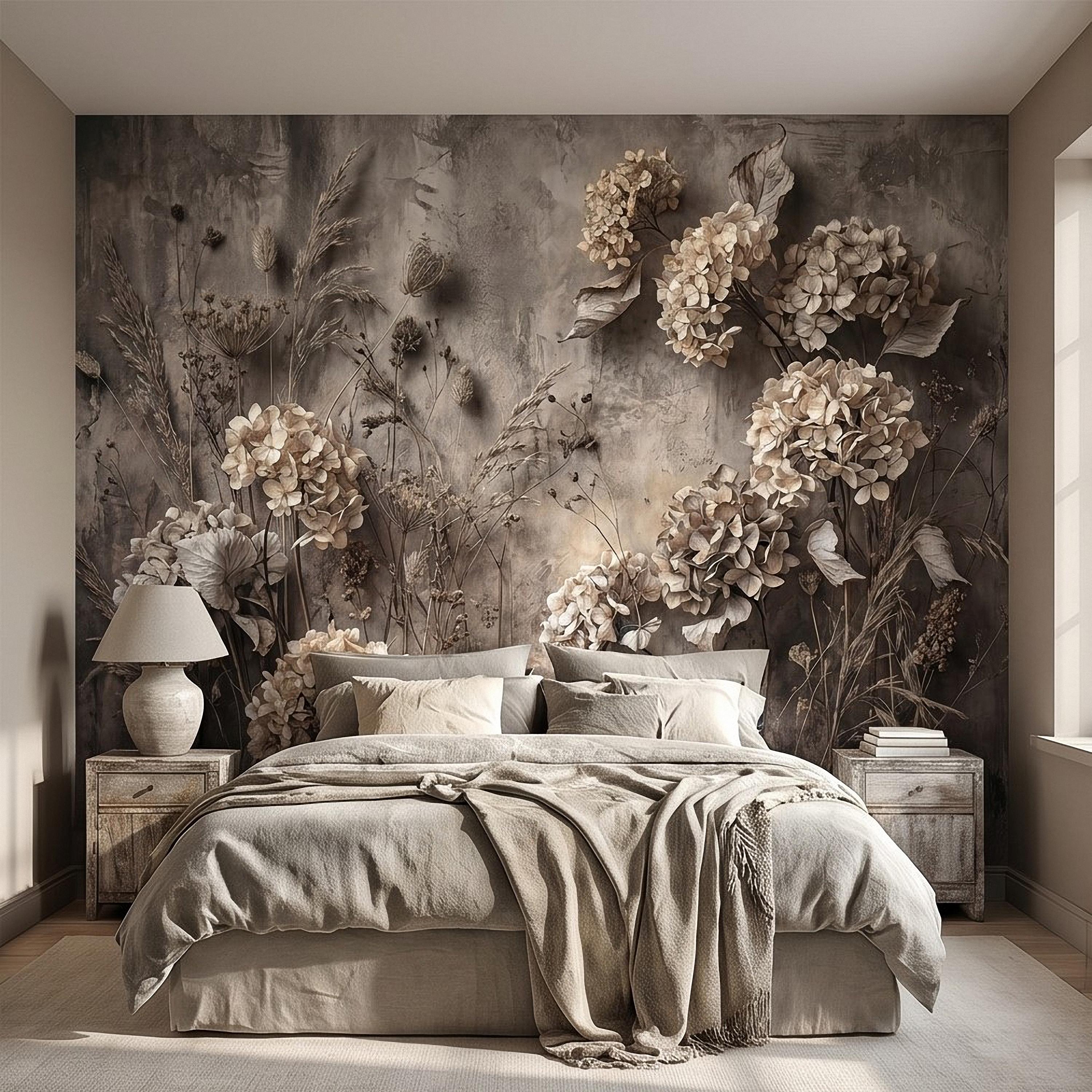 Rustic Hydrangea Botanical Peel & Stick Wall Mural, Flat Concrete Plaster Texture, 3D Visual Effect Dried Flowers Floral Wallpaper