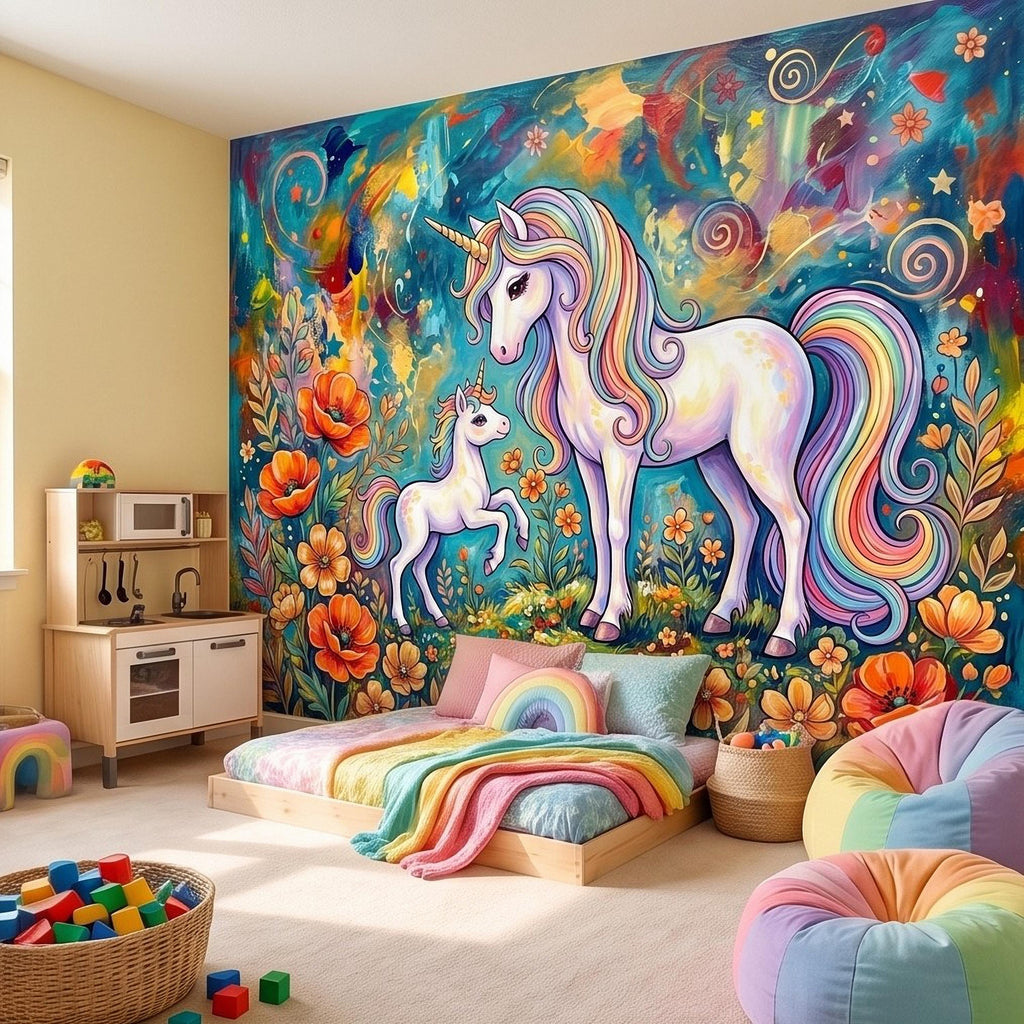 Magical Unicorn Mother and Baby Peel and Stick Wall Mural, Colorful Rainbow Wildflower Garden, Whimsical Fantasy Vibrant Girls Wallpaper