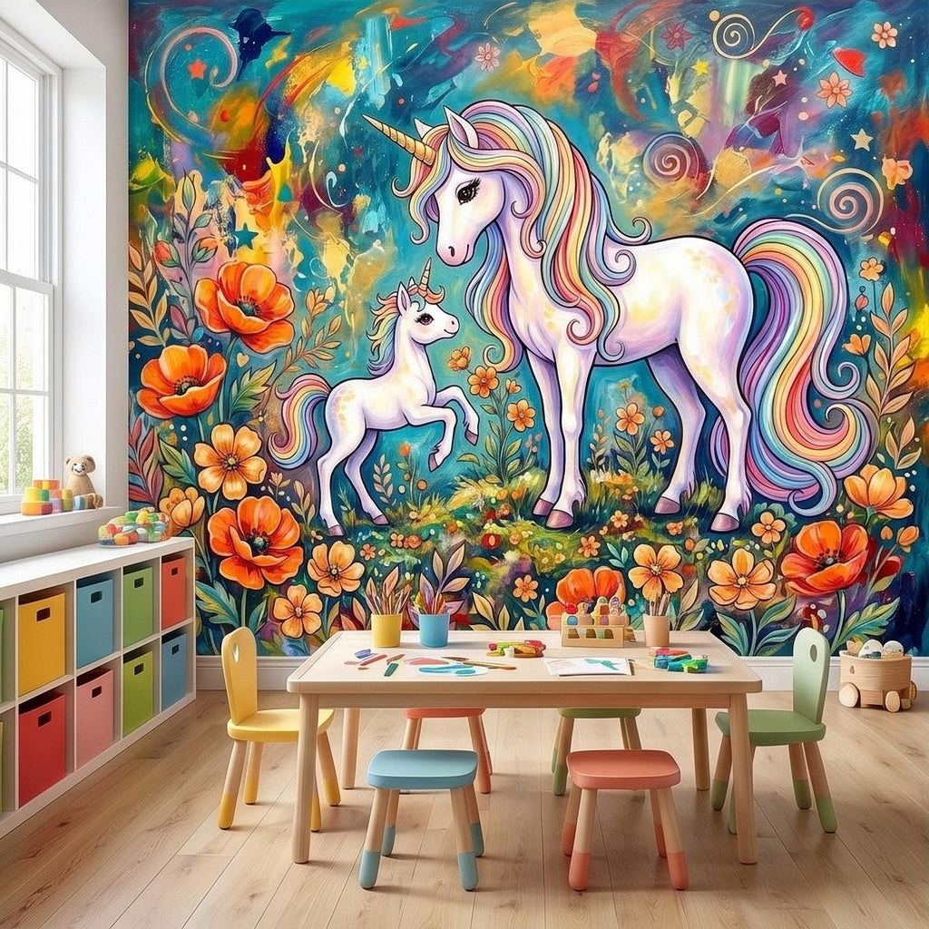 Magical Unicorn Mother and Baby Peel and Stick Wall Mural, Colorful Rainbow Wildflower Garden, Whimsical Fantasy Vibrant Girls Wallpaper