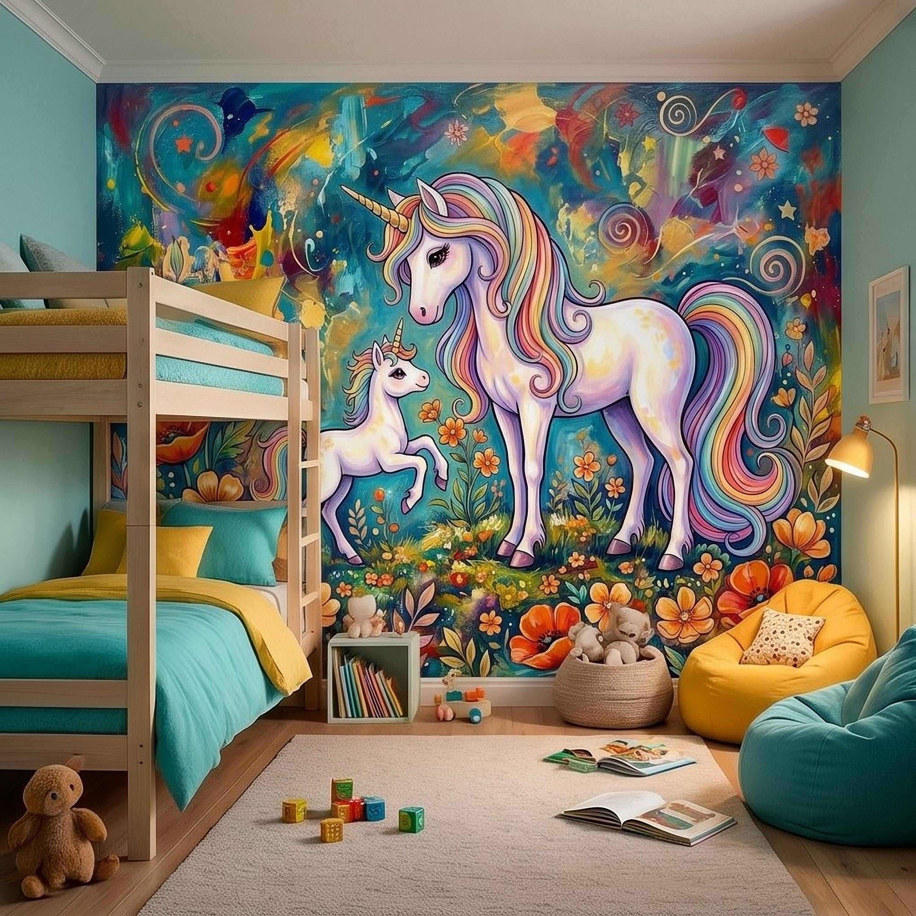 Magical Unicorn Mother and Baby Peel and Stick Wall Mural, Colorful Rainbow Wildflower Garden, Whimsical Fantasy Vibrant Girls Wallpaper