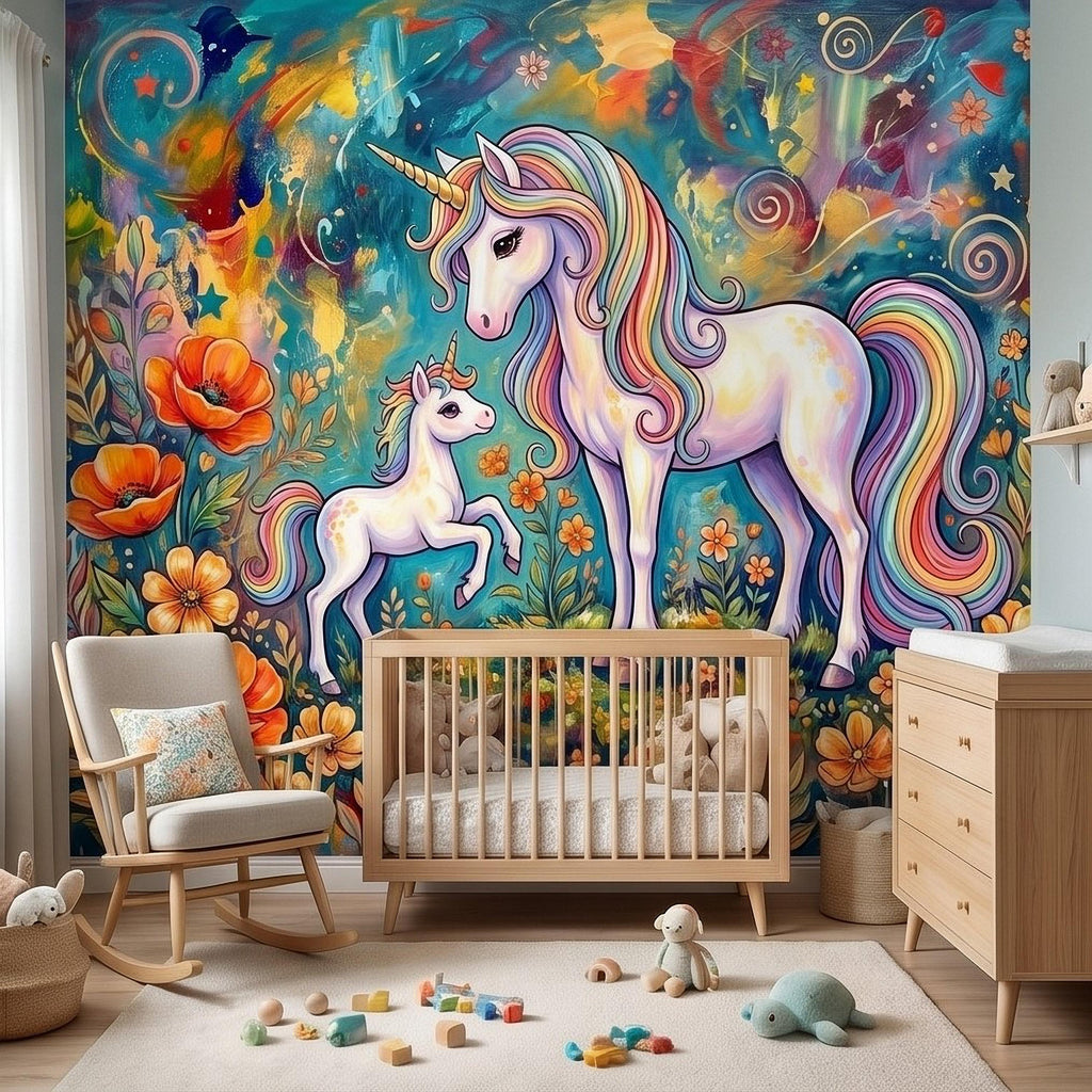 Magical Unicorn Mother and Baby Peel and Stick Wall Mural, Colorful Rainbow Wildflower Garden, Whimsical Fantasy Vibrant Girls Wallpaper