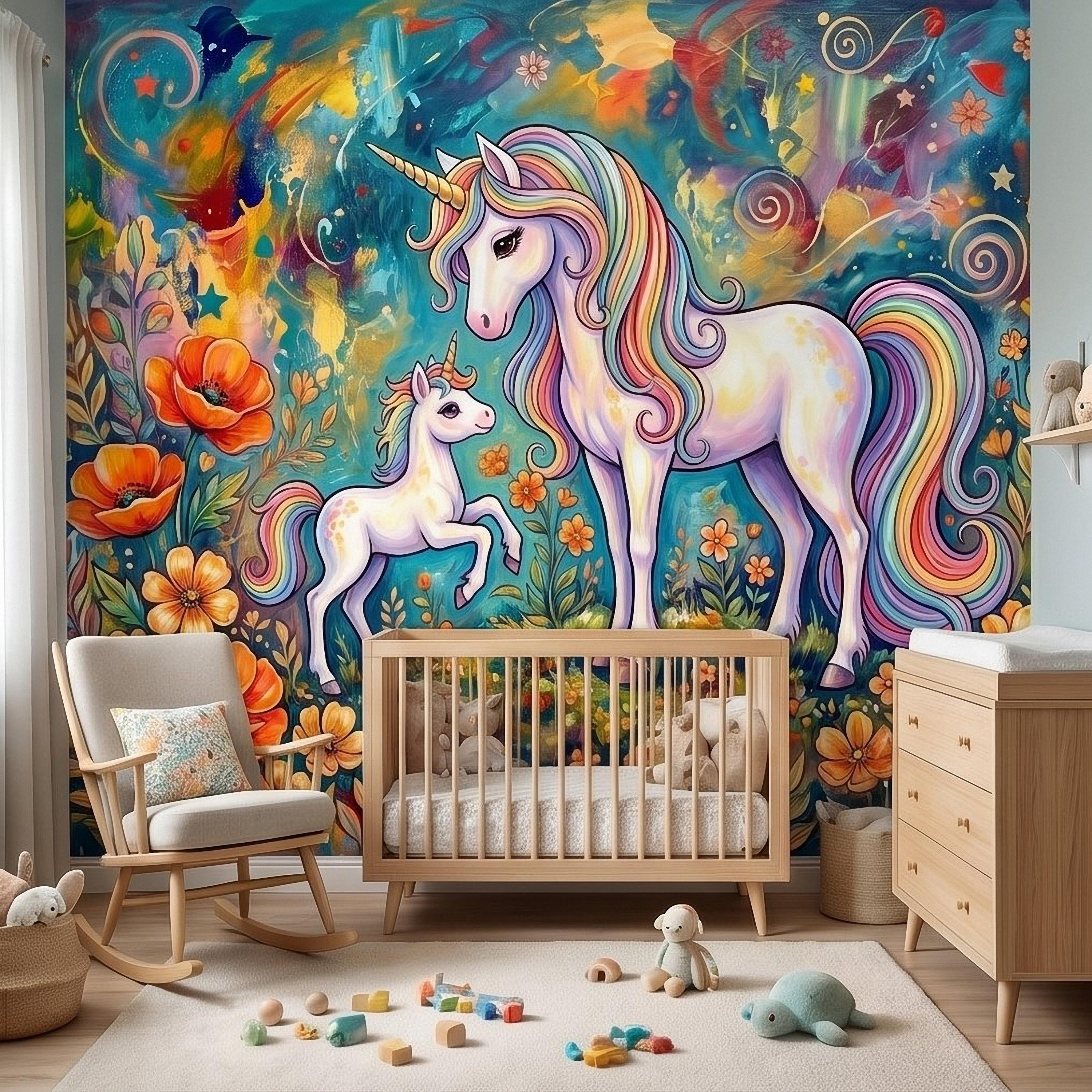 Magical Unicorn Mother and Baby Peel and Stick Wall Mural, Colorful Rainbow Wildflower Garden, Whimsical Fantasy Vibrant Girls Wallpaper