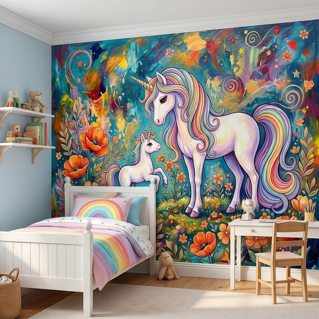 Magical Unicorn Mother and Baby Peel and Stick Wall Mural, Colorful Rainbow Wildflower Garden, Whimsical Fantasy Vibrant Girls Wallpaper