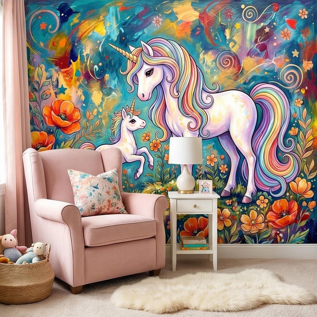 Magical Unicorn Mother and Baby Peel and Stick Wall Mural, Colorful Rainbow Wildflower Garden, Whimsical Fantasy Vibrant Girls Wallpaper