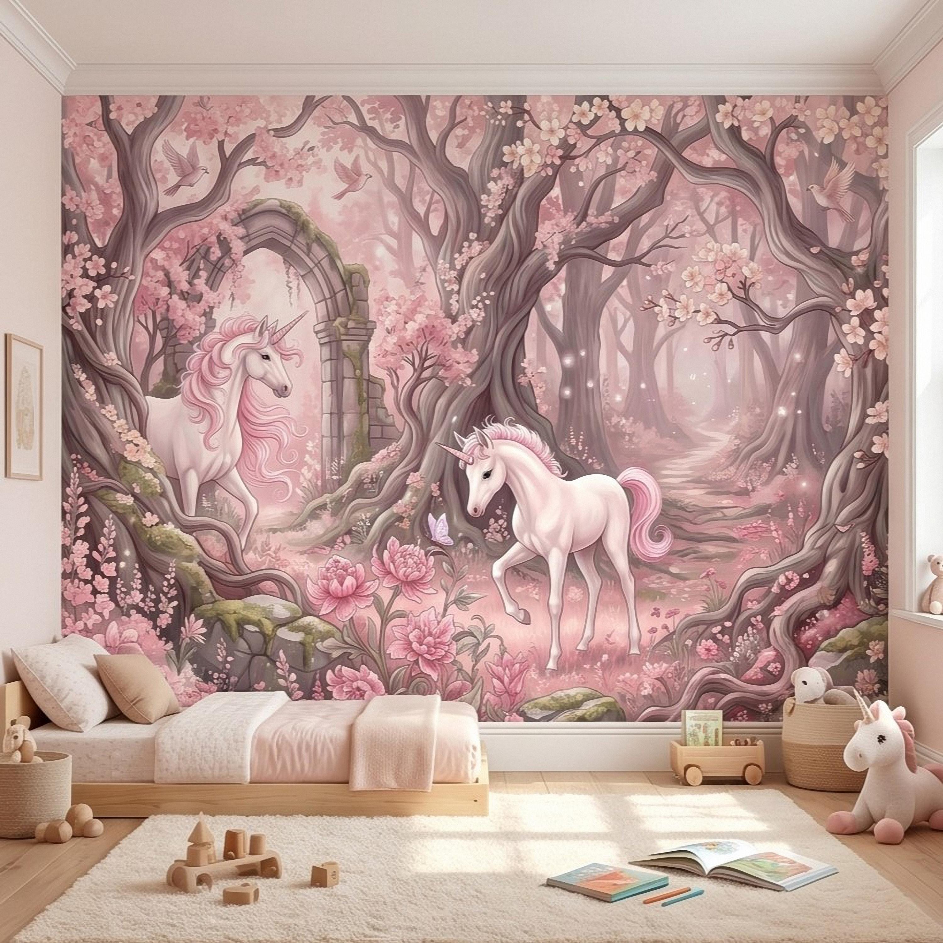 Enchanted Forest Unicorn Peel and Stick Wall Mural, Fairytale Blush Pink Tree Arch, Whimsical Storybook Woodland Girls Room Wallpaper