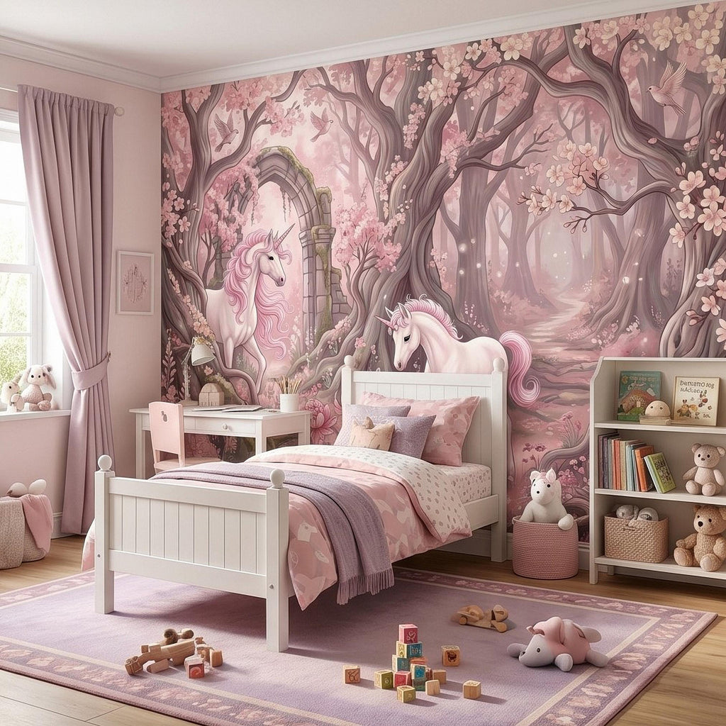 Enchanted Forest Unicorn Peel and Stick Wall Mural, Fairytale Blush Pink Tree Arch, Whimsical Storybook Woodland Girls Room Wallpaper