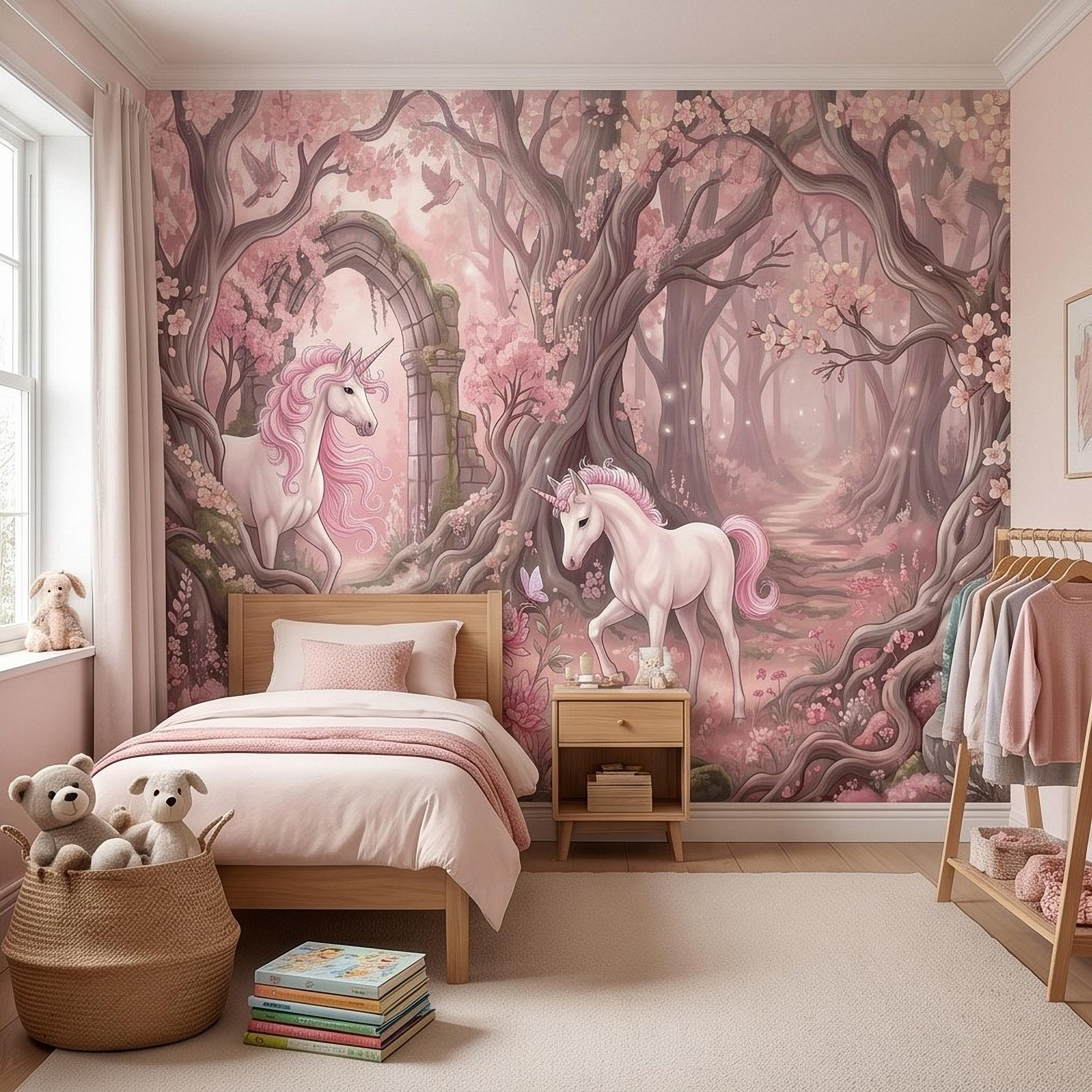 Enchanted Forest Unicorn Peel and Stick Wall Mural, Fairytale Blush Pink Tree Arch, Whimsical Storybook Woodland Girls Room Wallpaper