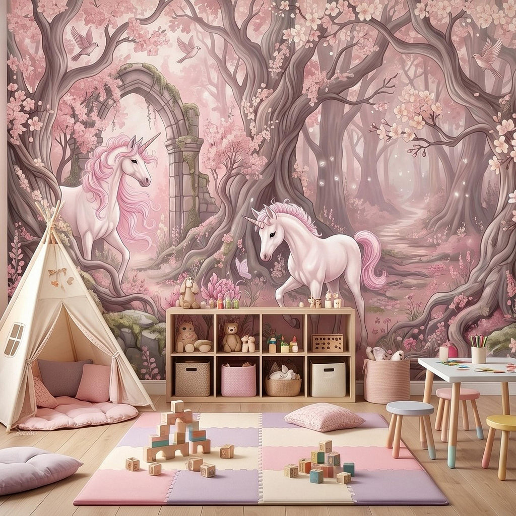 Enchanted Forest Unicorn Peel and Stick Wall Mural, Fairytale Blush Pink Tree Arch, Whimsical Storybook Woodland Girls Room Wallpaper