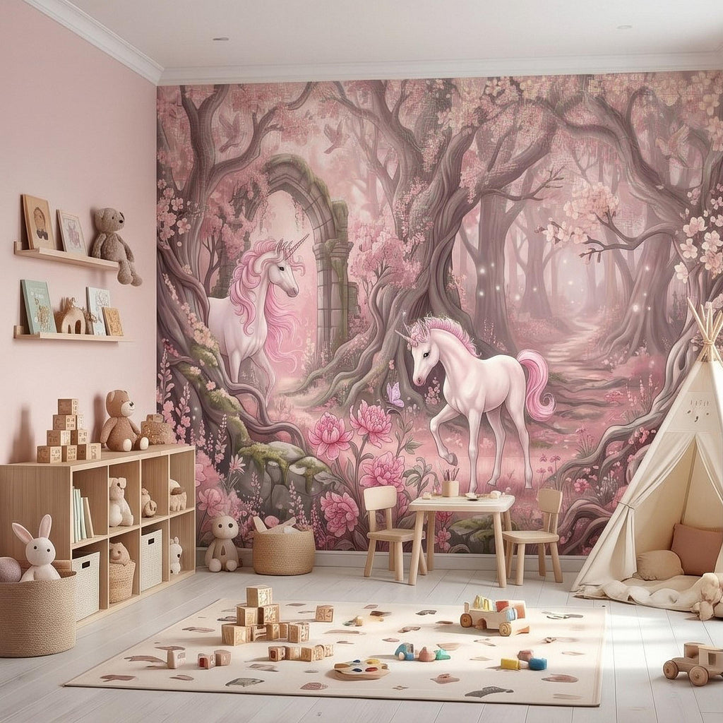 Enchanted Forest Unicorn Peel and Stick Wall Mural, Fairytale Blush Pink Tree Arch, Whimsical Storybook Woodland Girls Room Wallpaper
