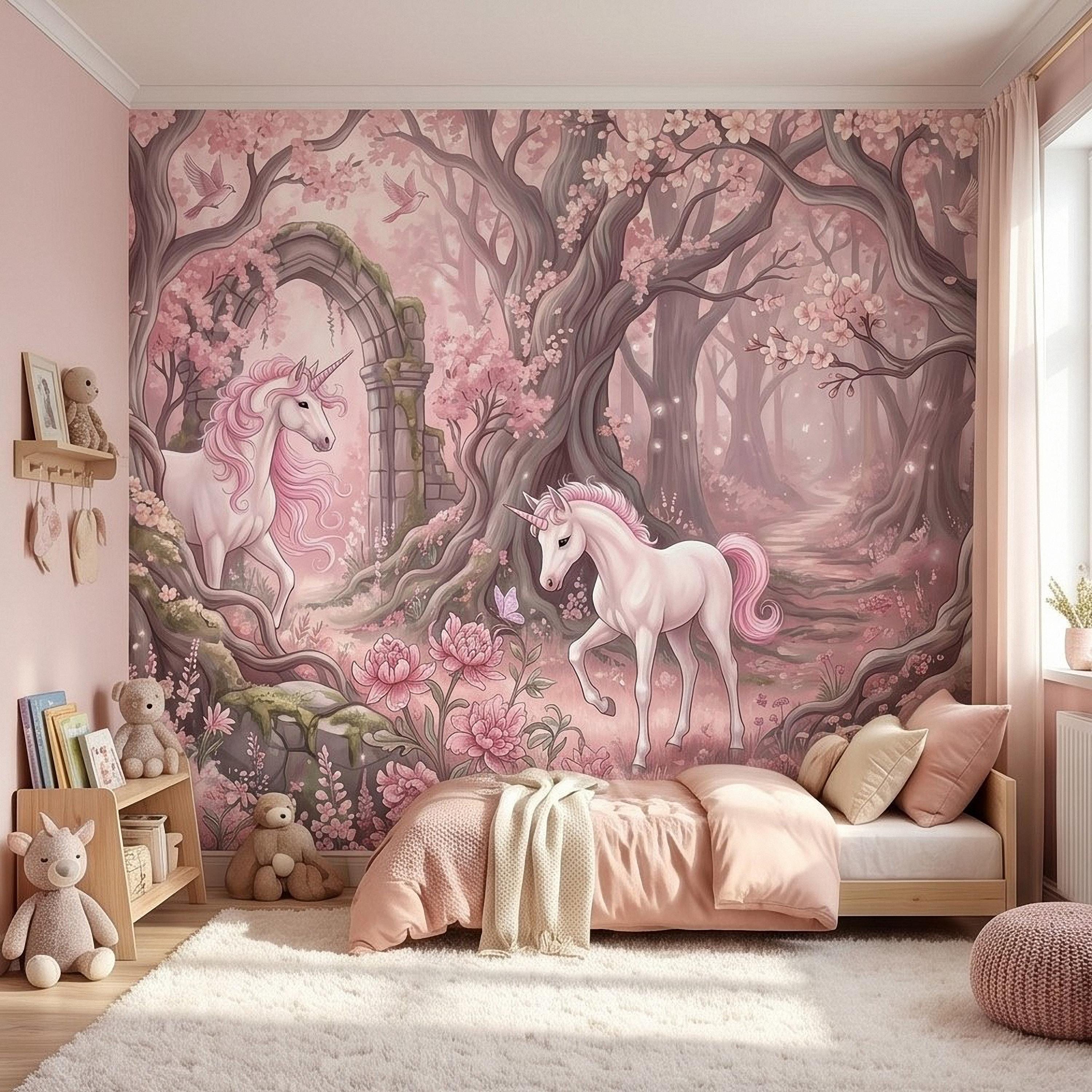Enchanted Forest Unicorn Peel and Stick Wall Mural, Fairytale Blush Pink Tree Arch, Whimsical Storybook Woodland Girls Room Wallpaper