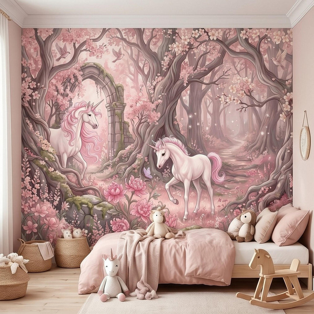 Enchanted Forest Unicorn Peel and Stick Wall Mural, Fairytale Blush Pink Tree Arch, Whimsical Storybook Woodland Girls Room Wallpaper