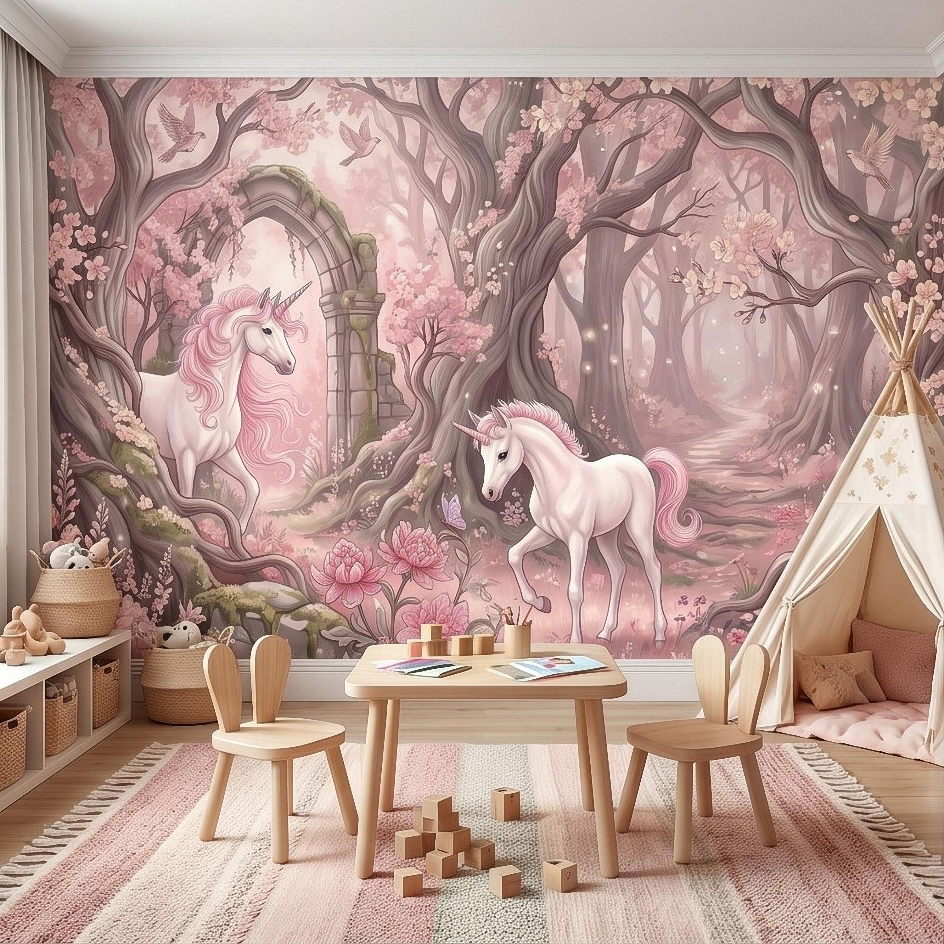 Enchanted Forest Unicorn Peel and Stick Wall Mural, Fairytale Blush Pink Tree Arch, Whimsical Storybook Woodland Girls Room Wallpaper