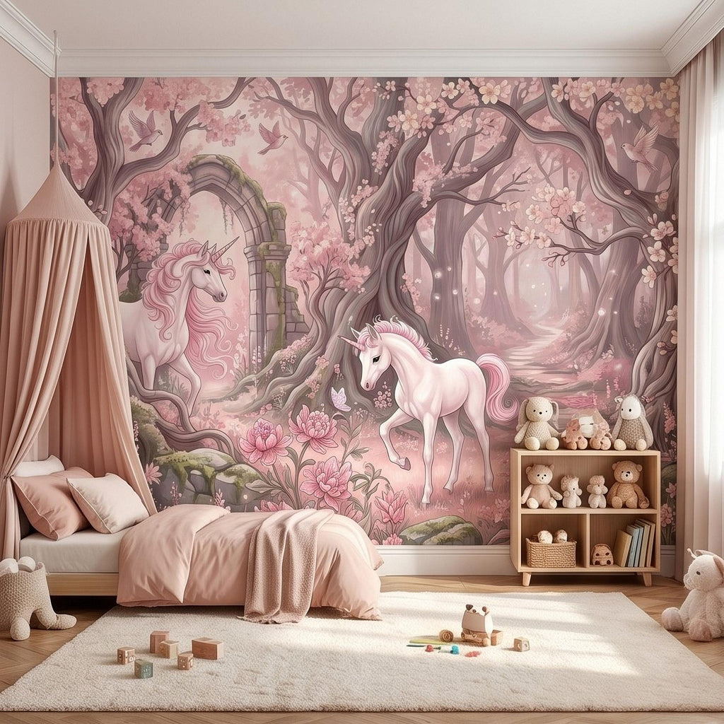 Enchanted Forest Unicorn Peel and Stick Wall Mural, Fairytale Blush Pink Tree Arch, Whimsical Storybook Woodland Girls Room Wallpaper