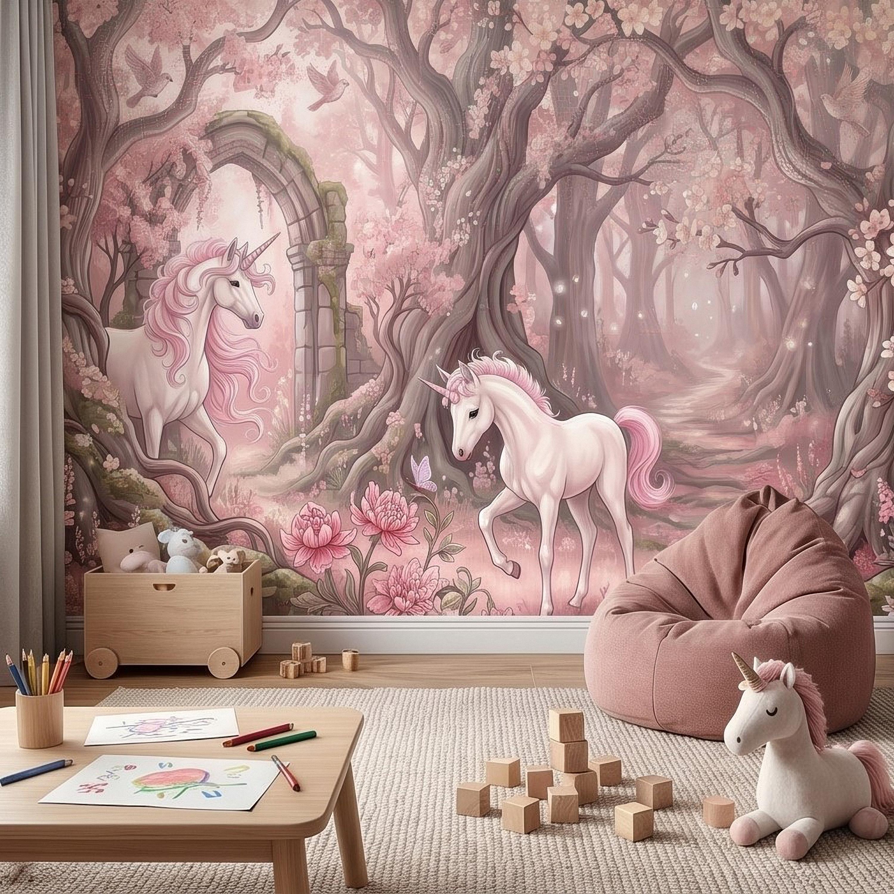 Enchanted Forest Unicorn Peel and Stick Wall Mural, Fairytale Blush Pink Tree Arch, Whimsical Storybook Woodland Girls Room Wallpaper