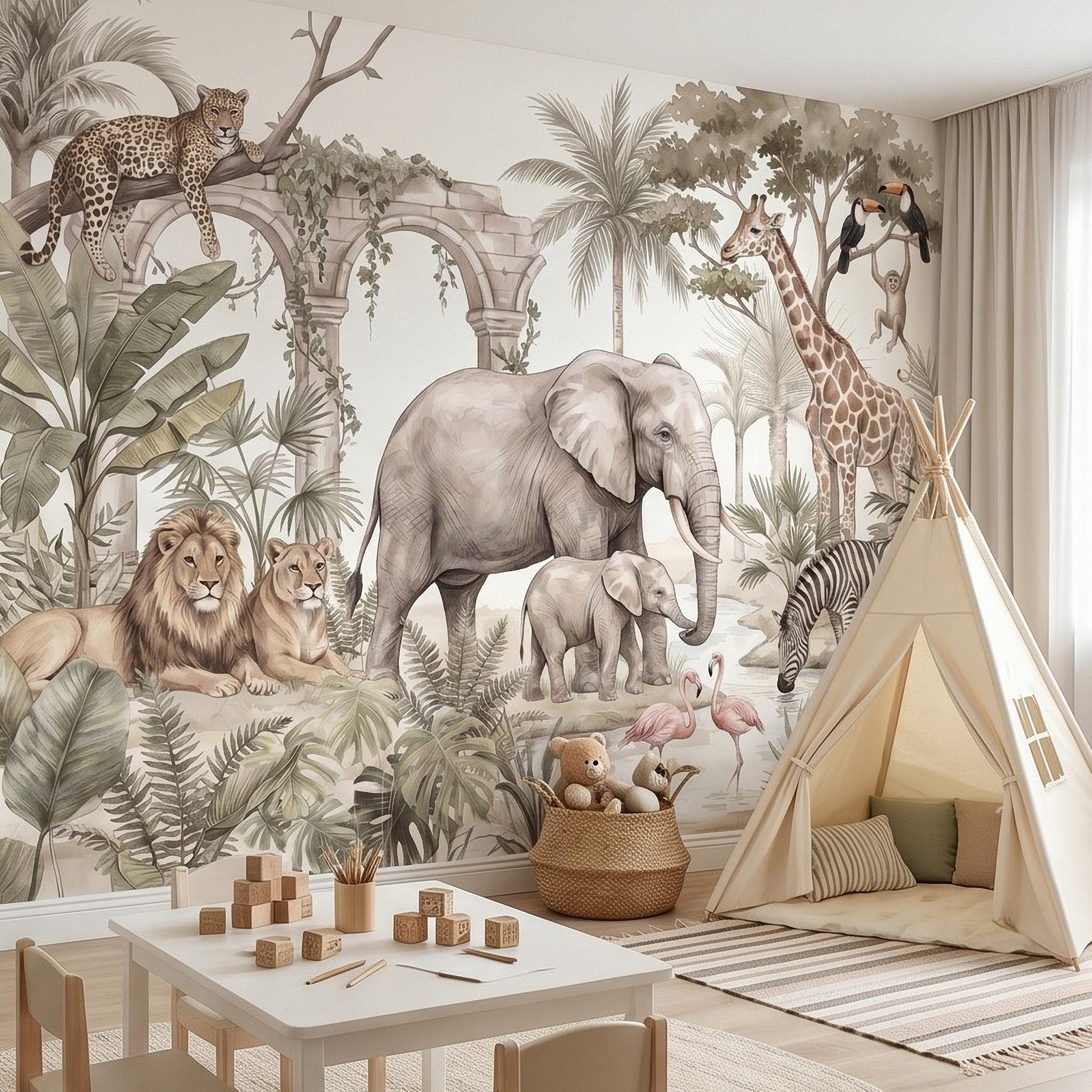 Watercolor Safari Jungle Animals Peel and Stick Wall Mural, Neutral Beige Exotic Nature Scenic Wildlife Wallpaper